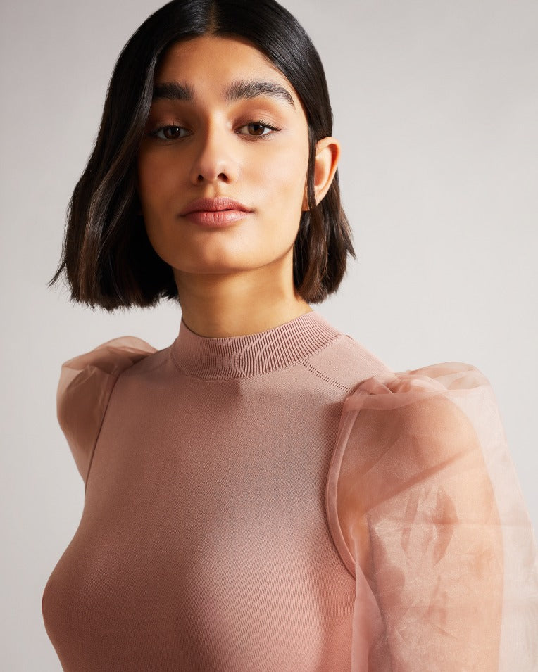 Lharra Knit Satin And Organza Midi Dress Dusky Pink