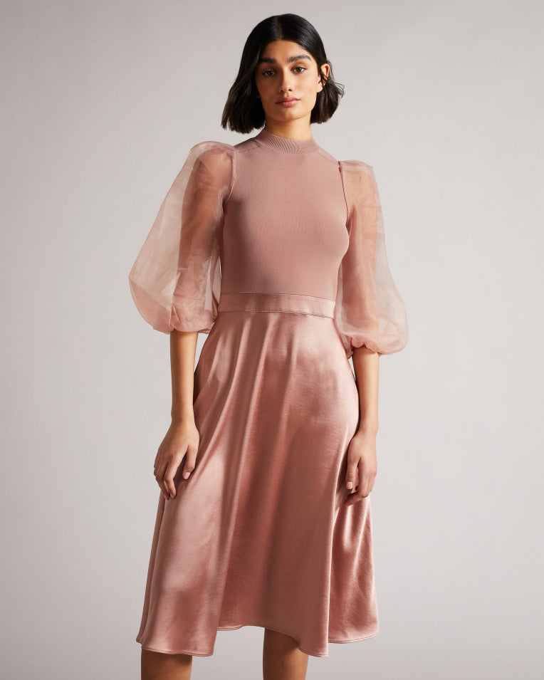 Lharra Knit Satin And Organza Midi Dress Dusky Pink