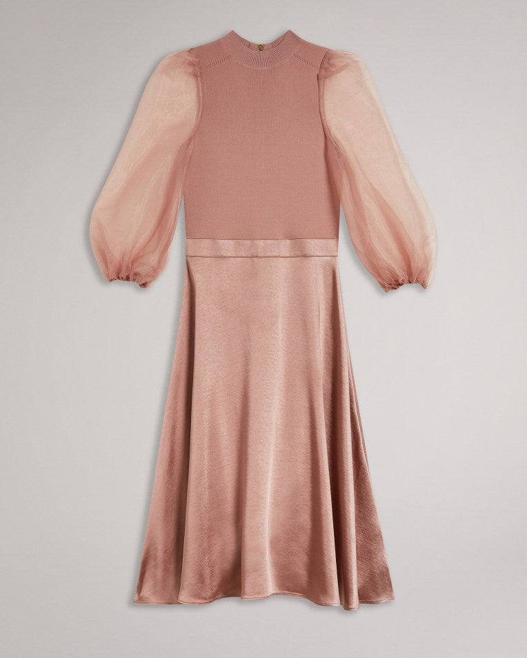 Lharra Knit Satin And Organza Midi Dress Dusky Pink