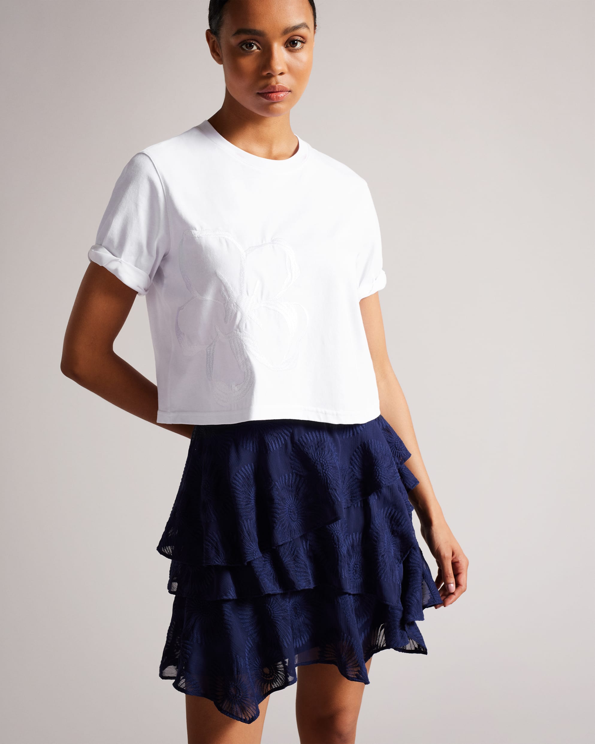 Carmyn Roll Sleeve Tee With Satin Stitch Magnolia