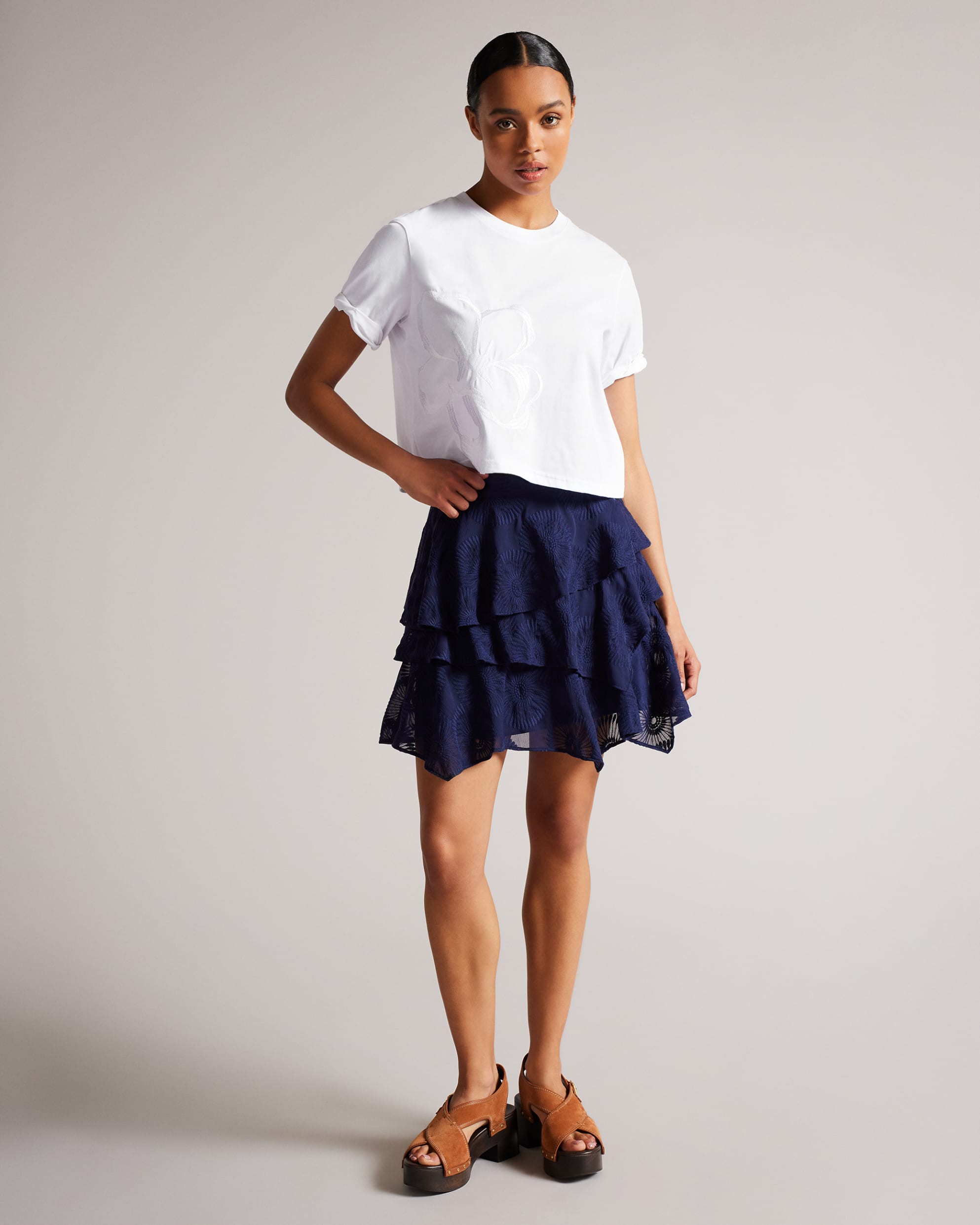Carmyn Roll Sleeve Tee With Satin Stitch Magnolia