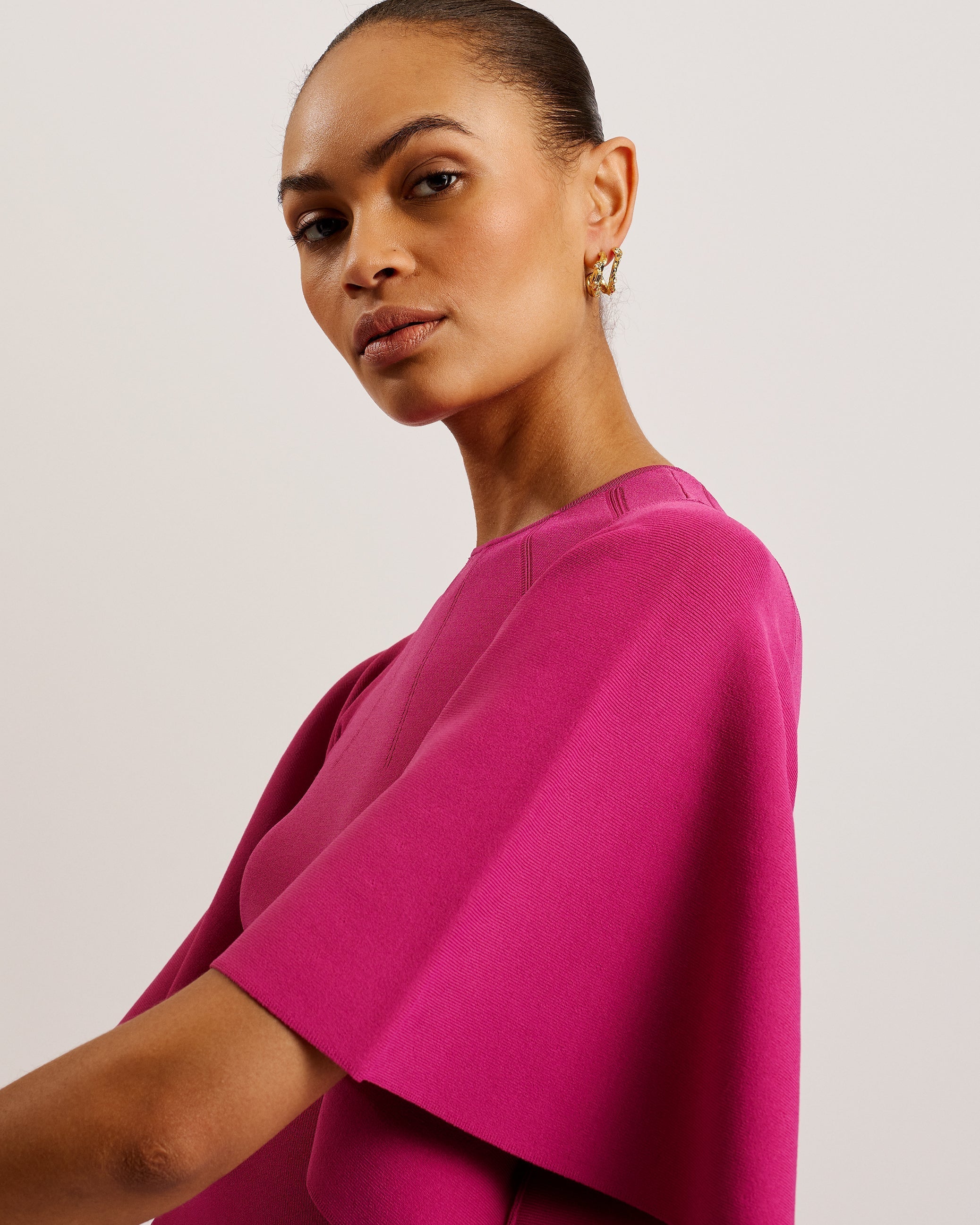 Lounia Fluted Sleeve Knitted Bodycon Midi Dress Brt-Pink