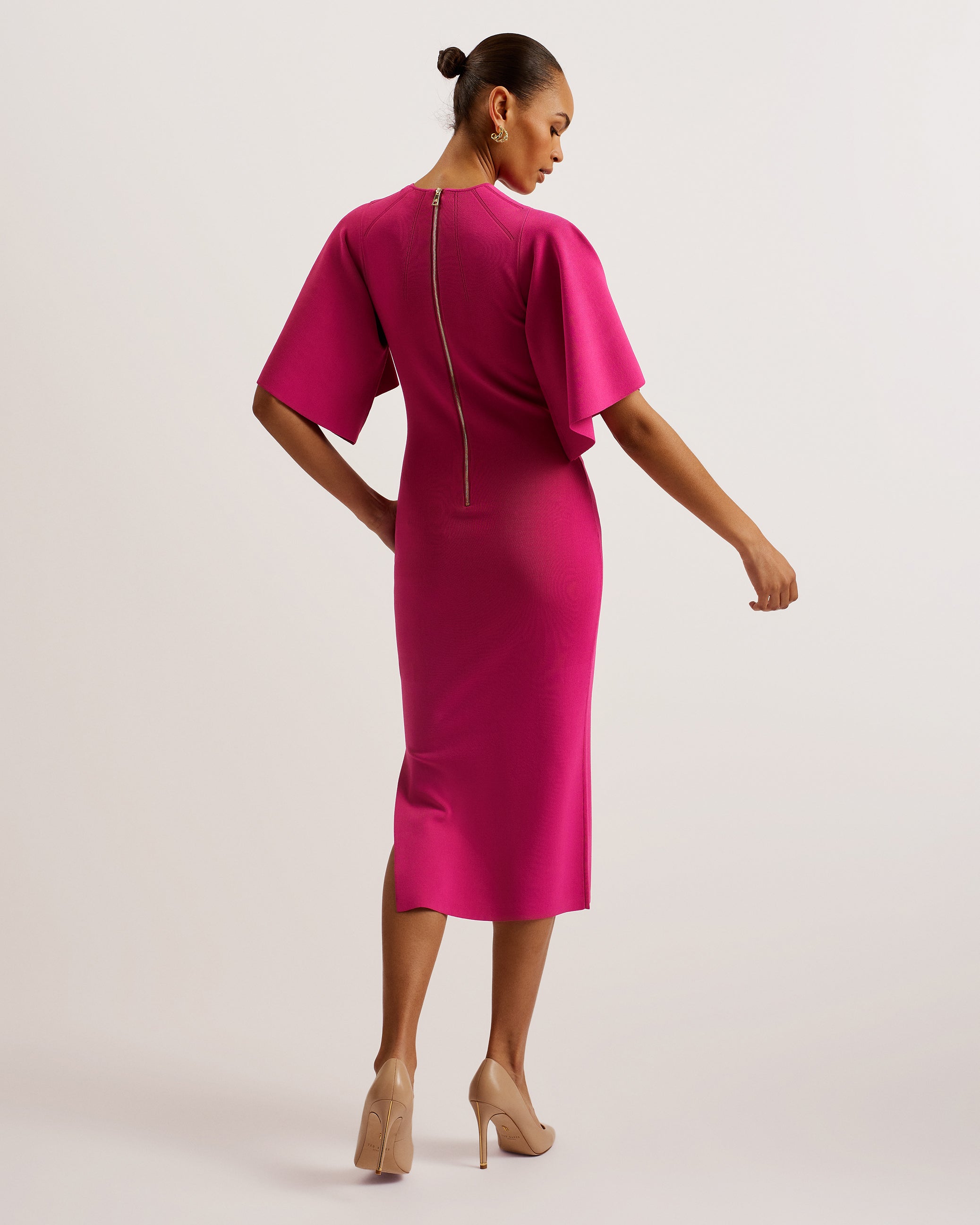 Lounia Fluted Sleeve Knitted Bodycon Midi Dress Brt-Pink