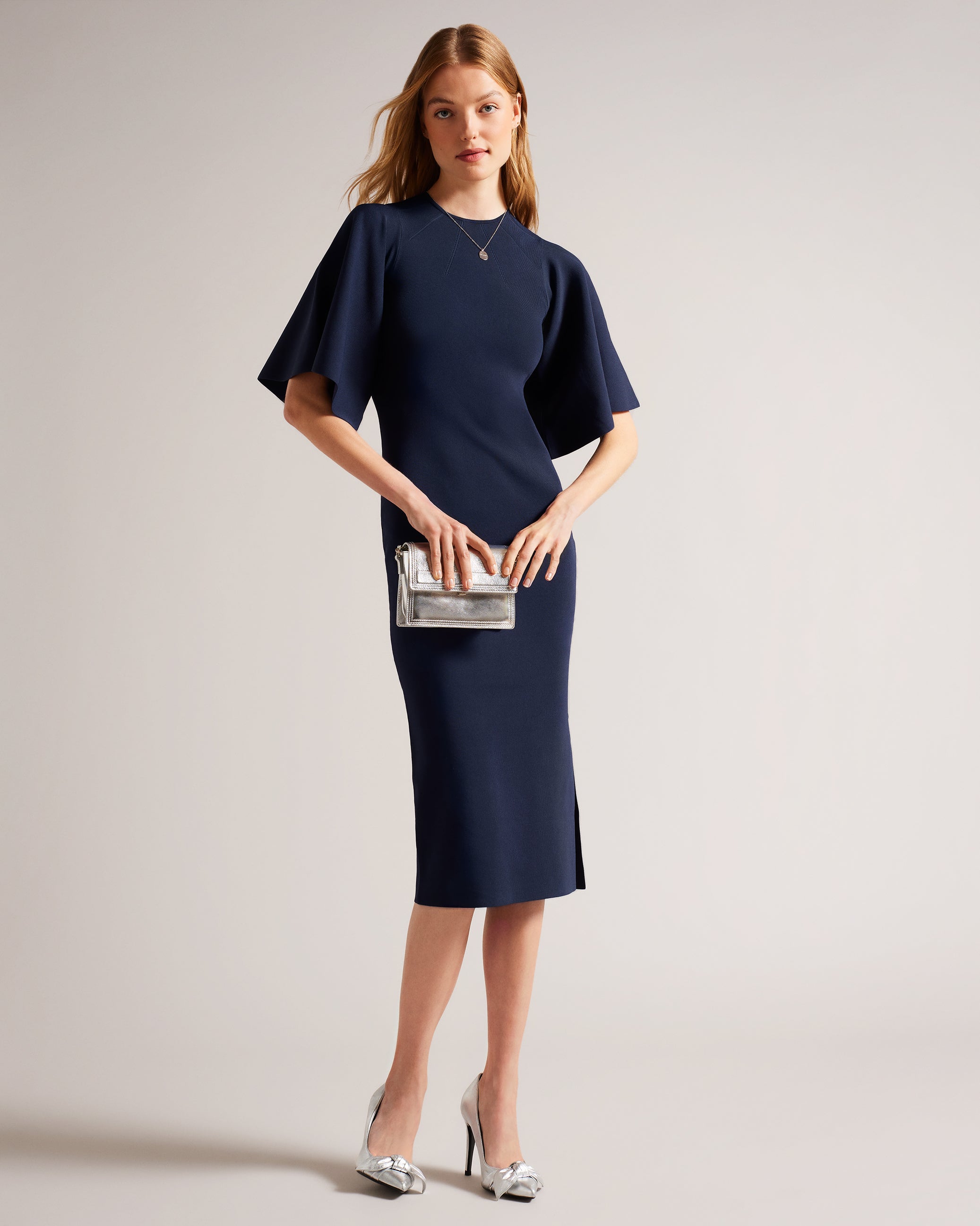 Lounia Fluted Sleeve Knitted Bodycon Midi Dress Dk-Blue