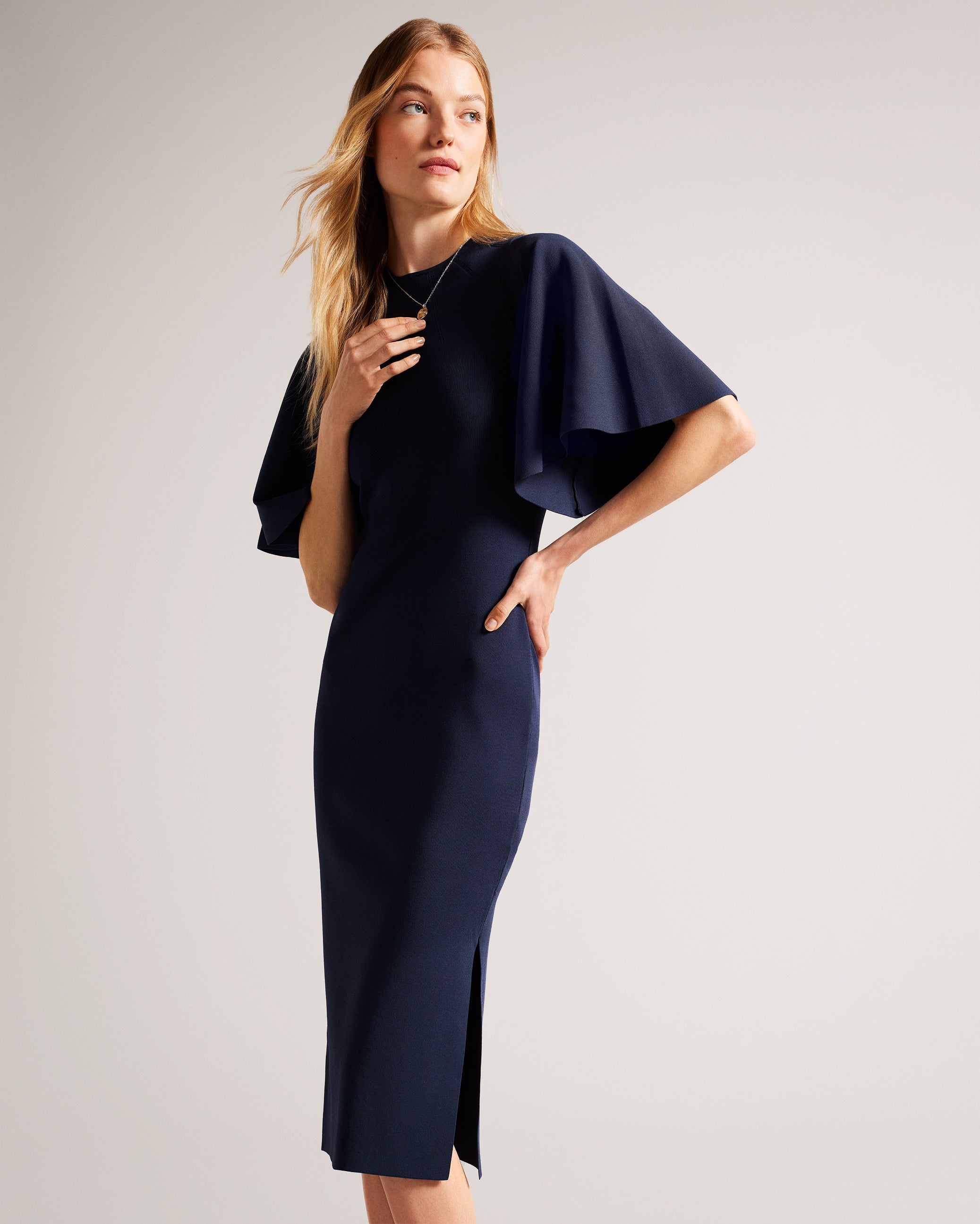 Lounia Fluted Sleeve Knitted Bodycon Midi Dress Dk-Blue