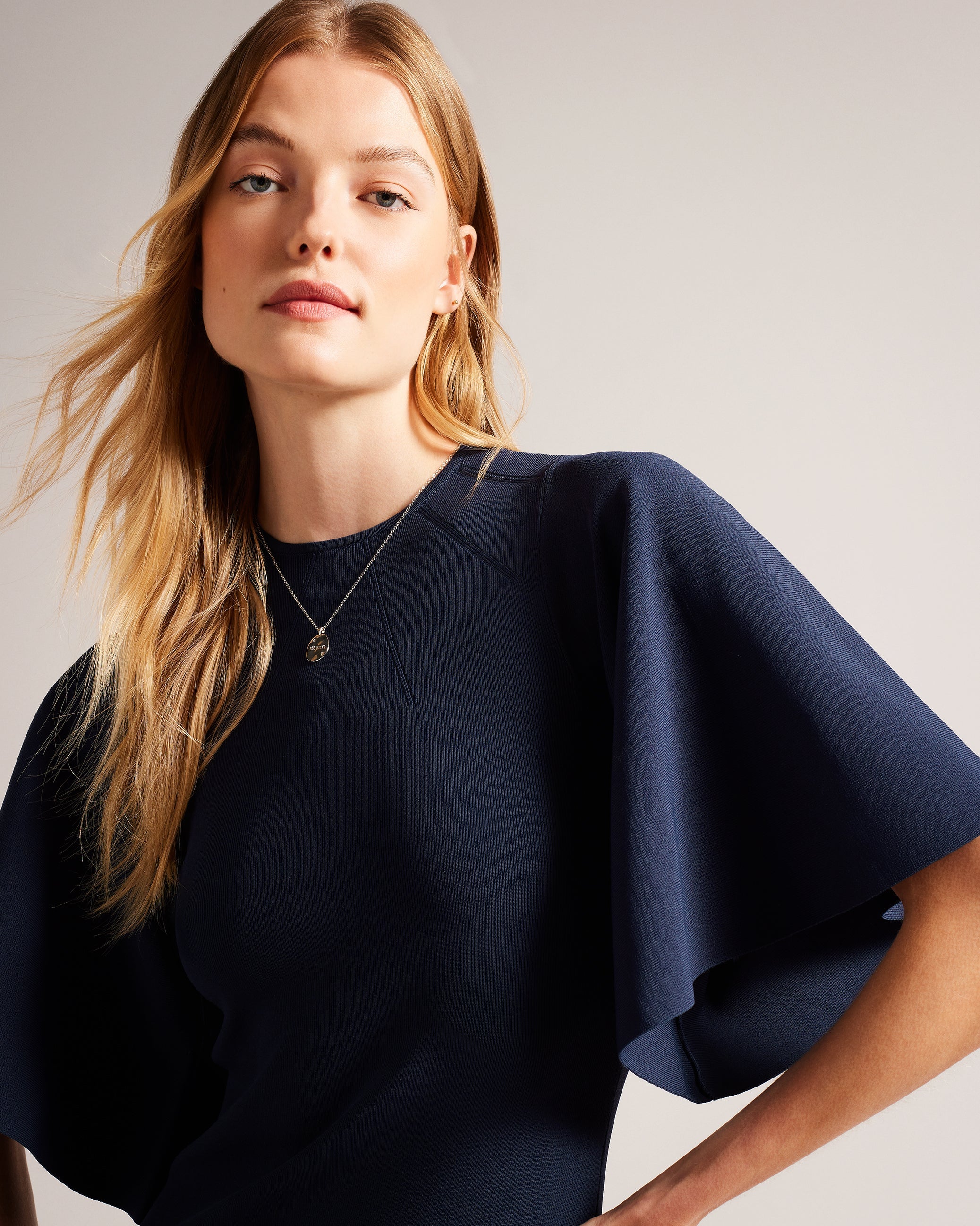 Lounia Fluted Sleeve Knitted Bodycon Midi Dress Dk-Blue