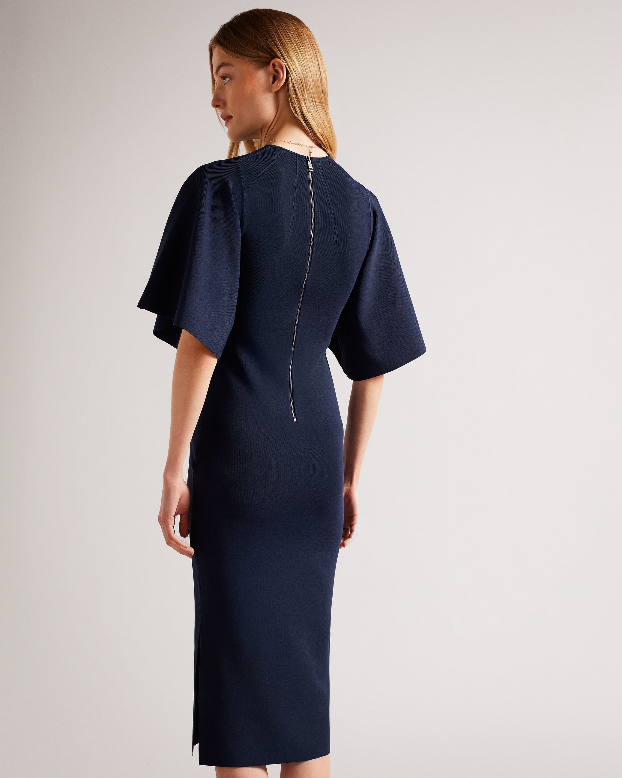 Lounia Fluted Sleeve Knitted Bodycon Midi Dress Dk-Blue
