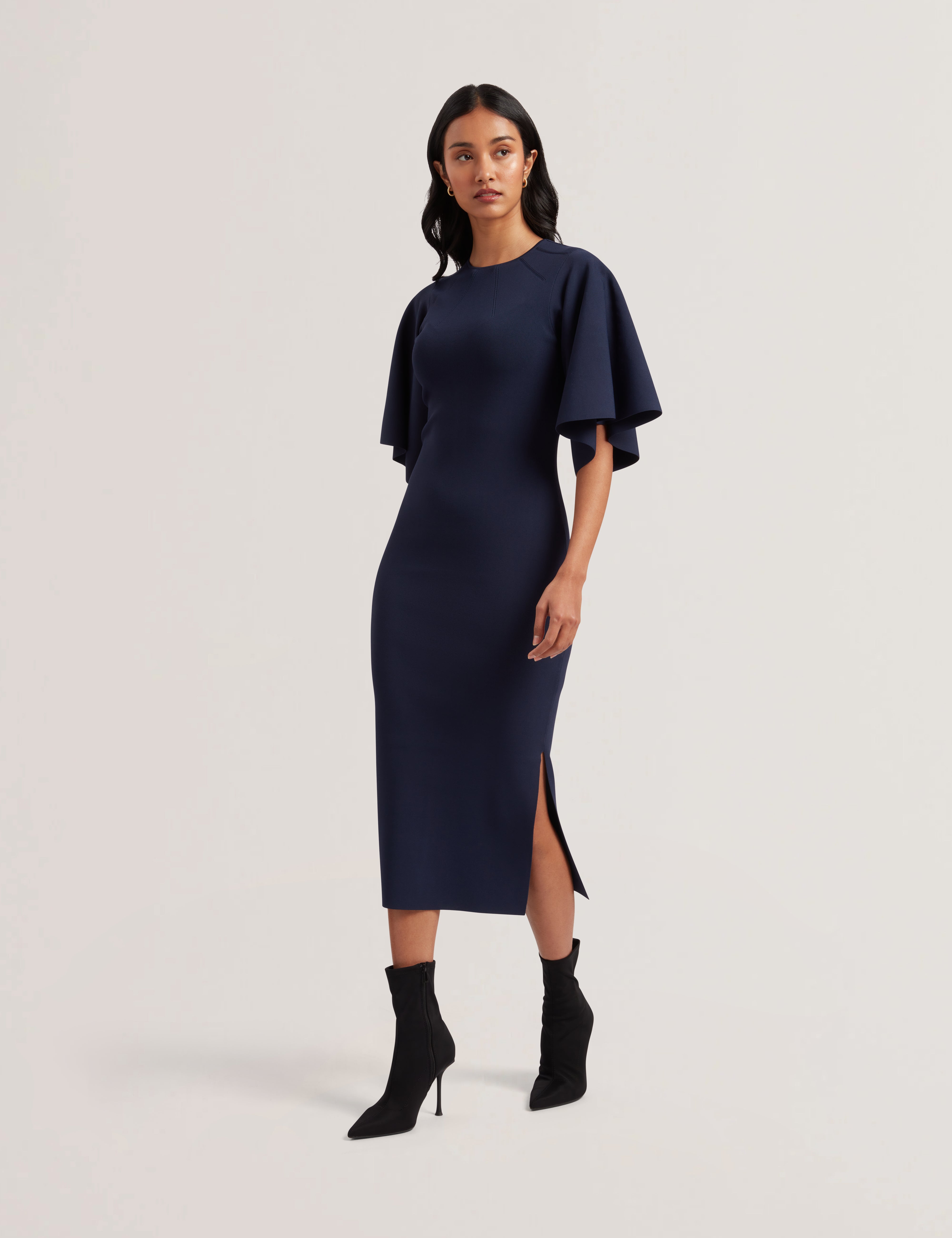 Lounia Fluted Sleeve Knitted Bodycon Midi Dress Navy