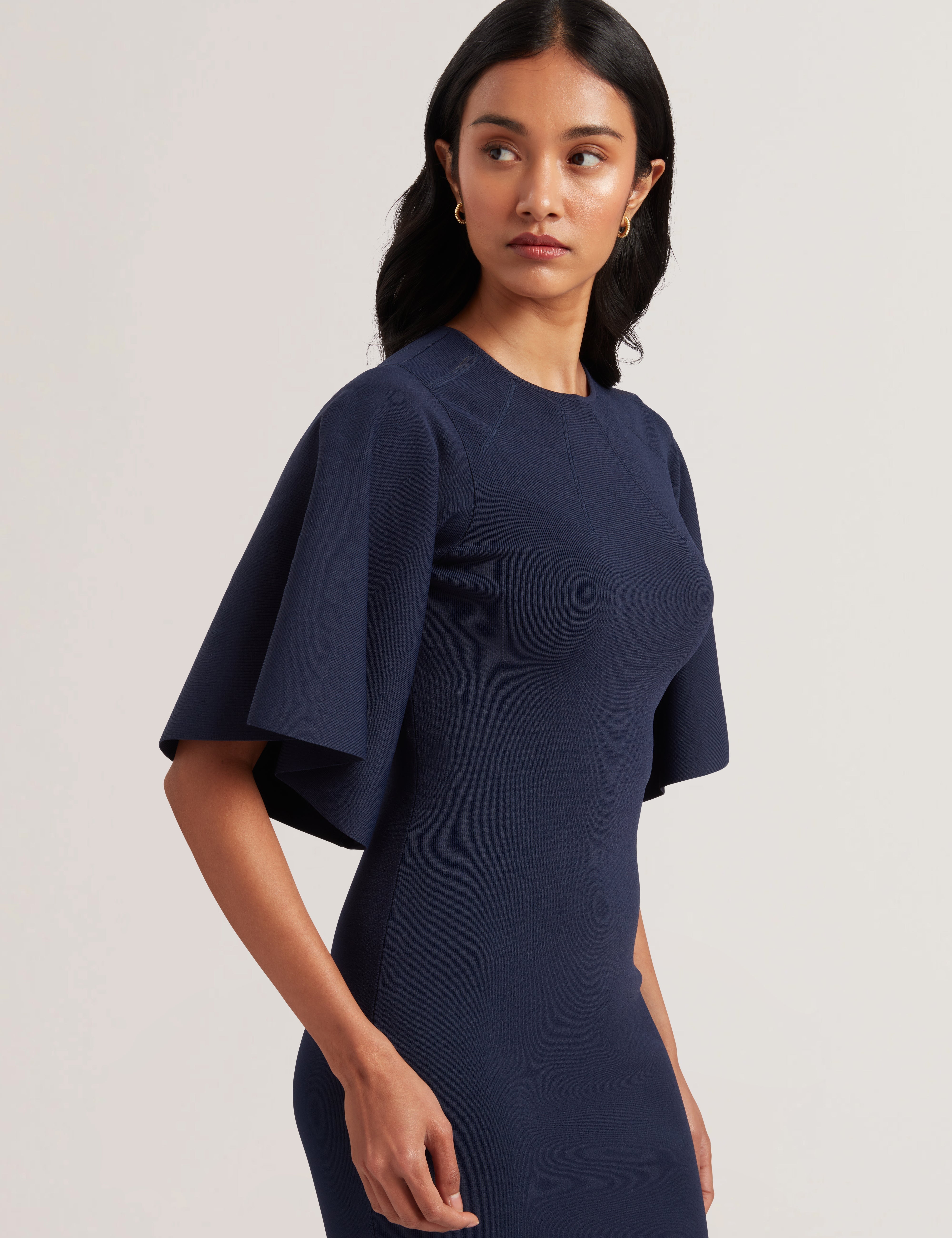 Lounia Fluted Sleeve Knitted Bodycon Midi Dress Navy