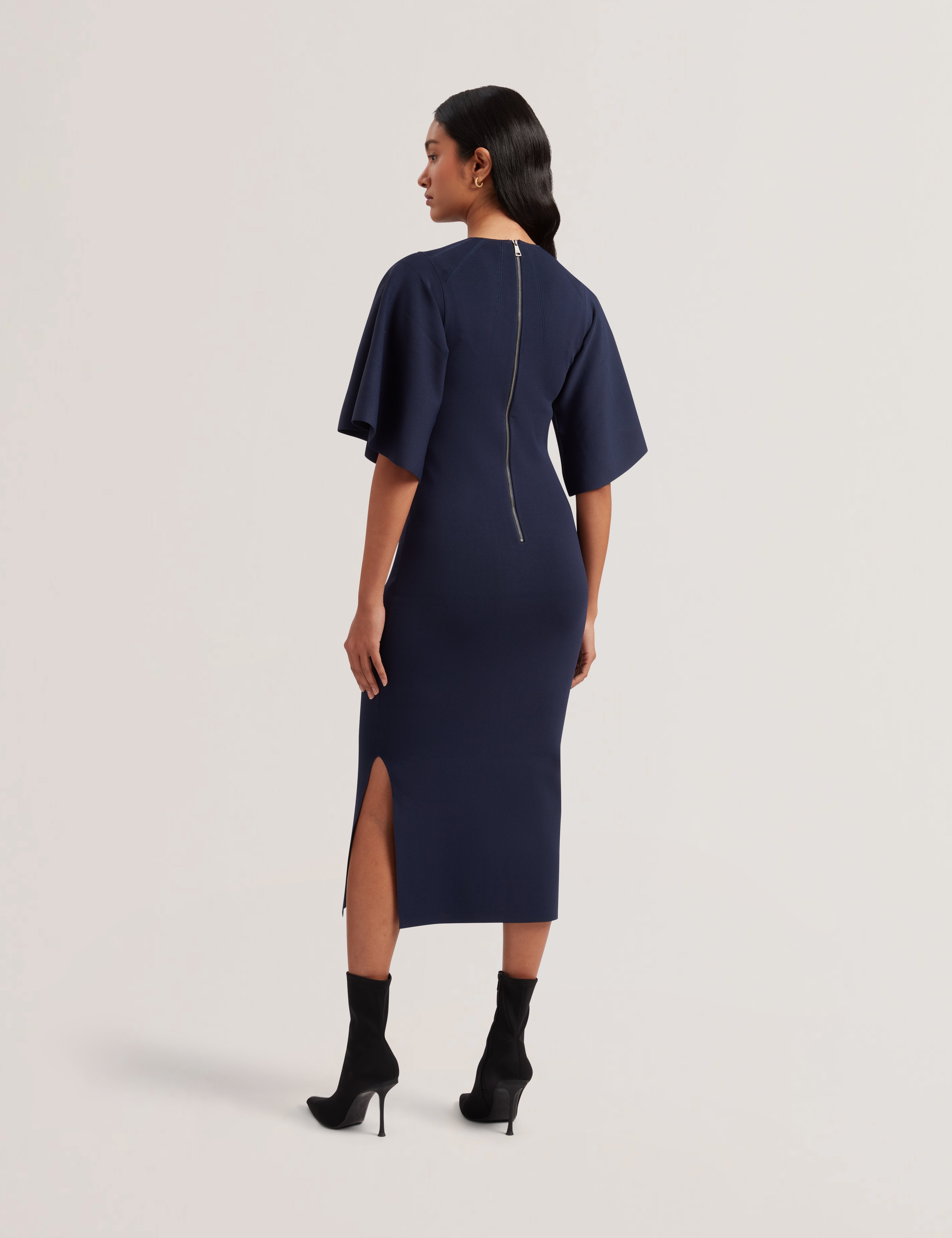 Lounia Fluted Sleeve Knitted Bodycon Midi Dress Navy