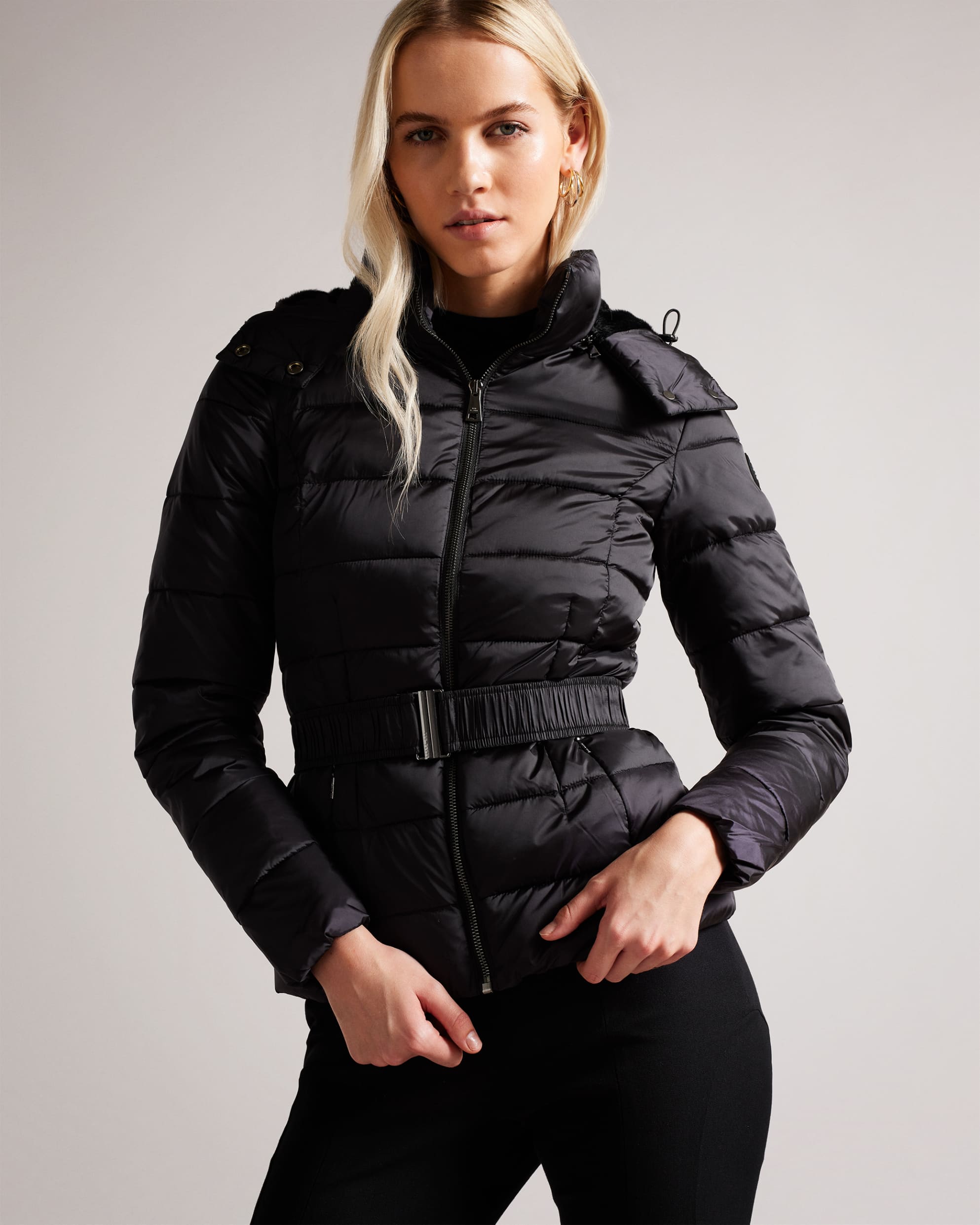 Abbiiee Belted Padded Coat With Detachable Hood Black