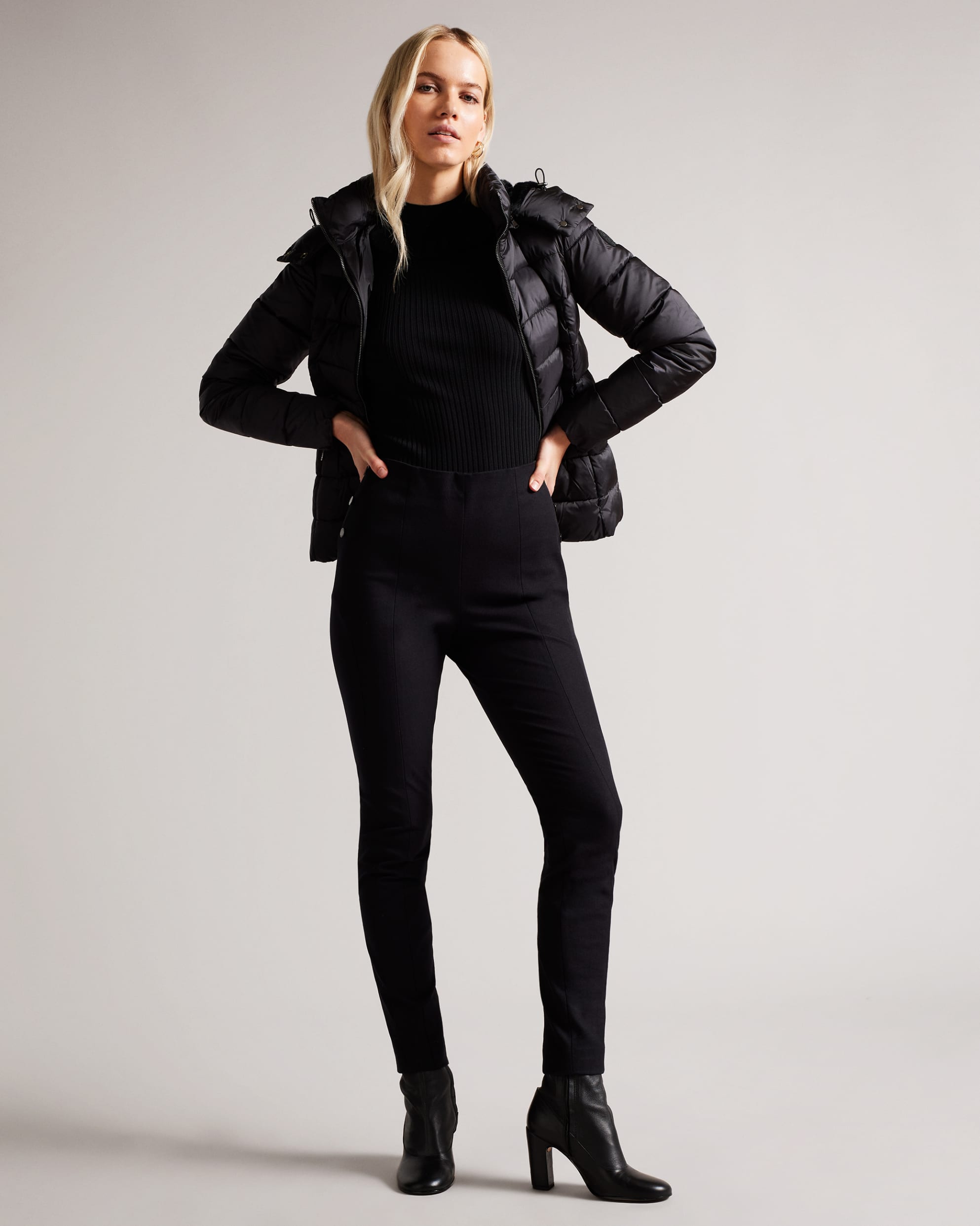 Abbiiee Belted Padded Coat With Detachable Hood Black
