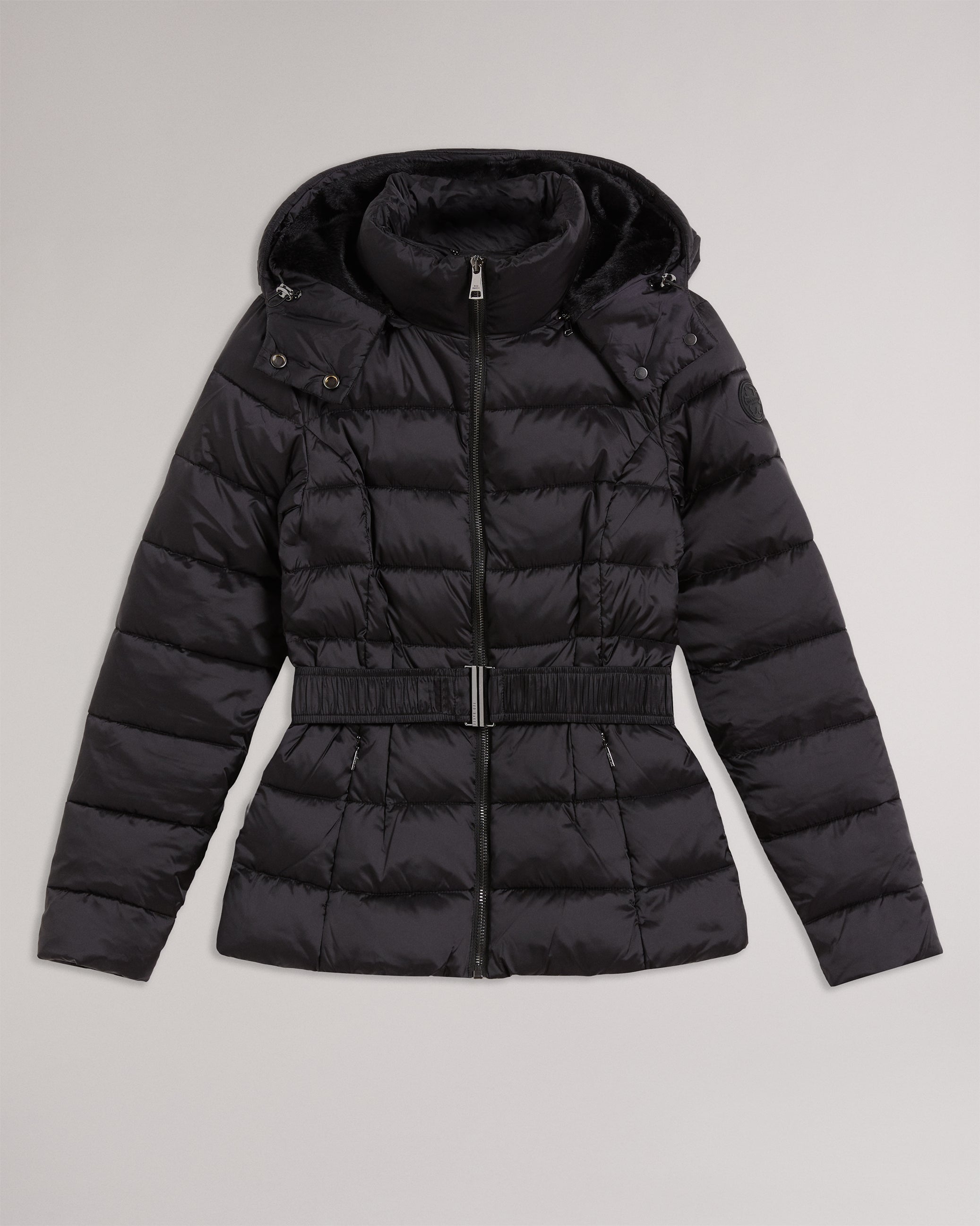 Abbiiee Belted Padded Coat With Detachable Hood Black