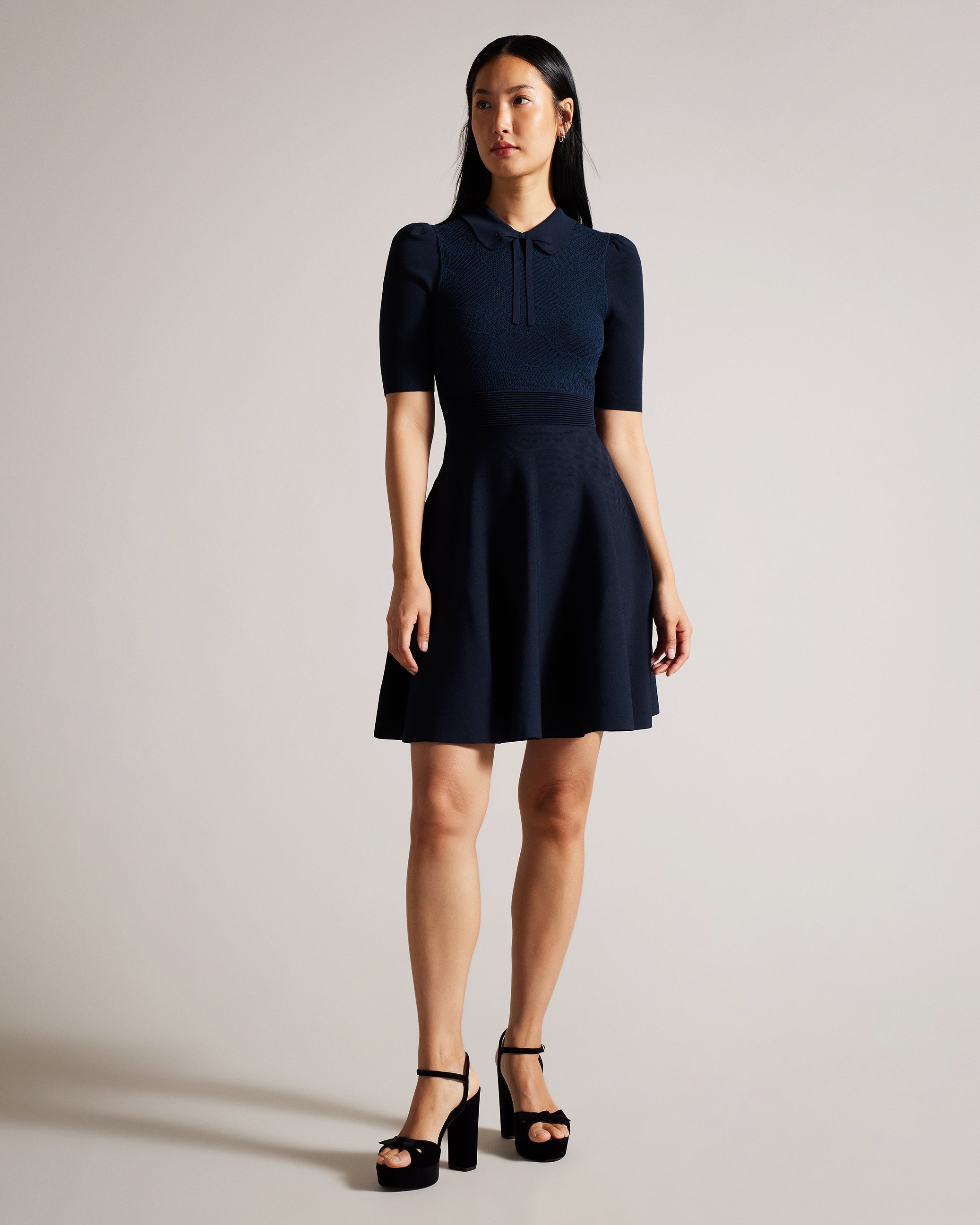 Hillder Delicate Pointelle Knit Dress Navy