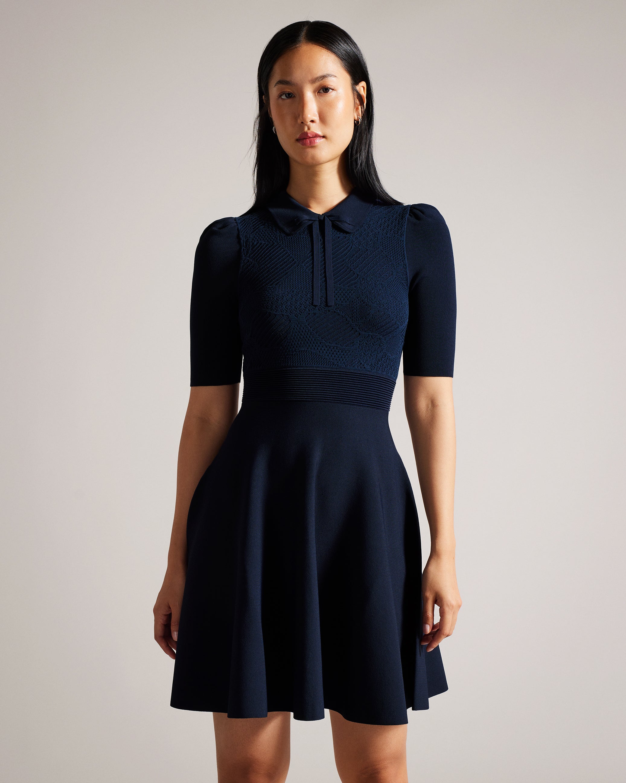 Hillder Delicate Pointelle Knit Dress Navy