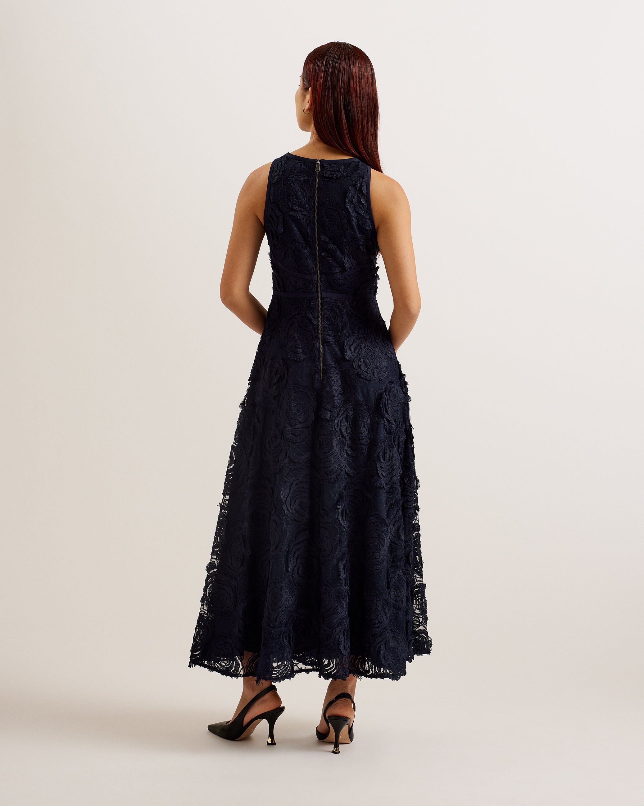 Ullaa Sleeveless Midaxi Dress With Rose Texture Navy