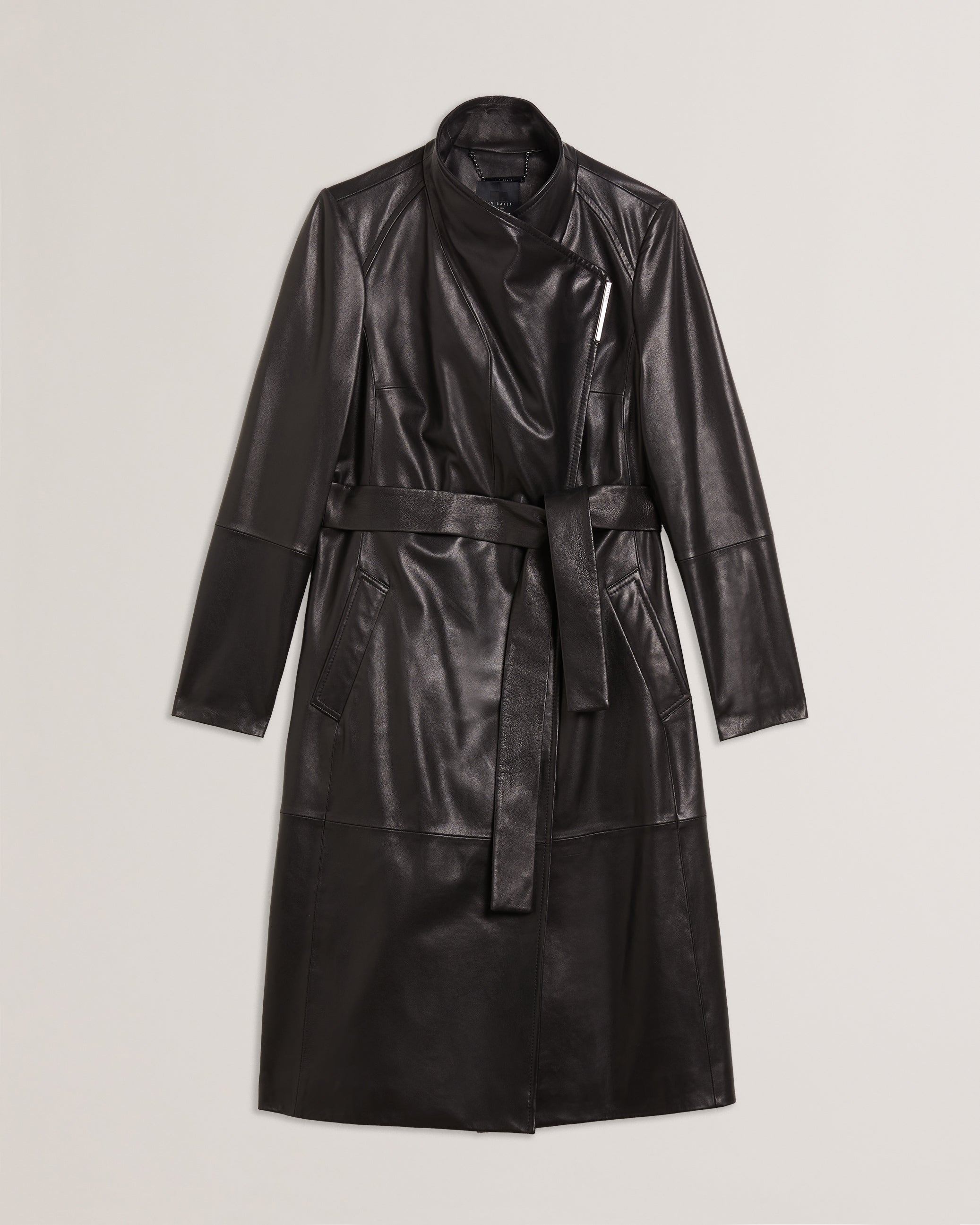 Rossii Mid Length Leather Wrap Coat Black