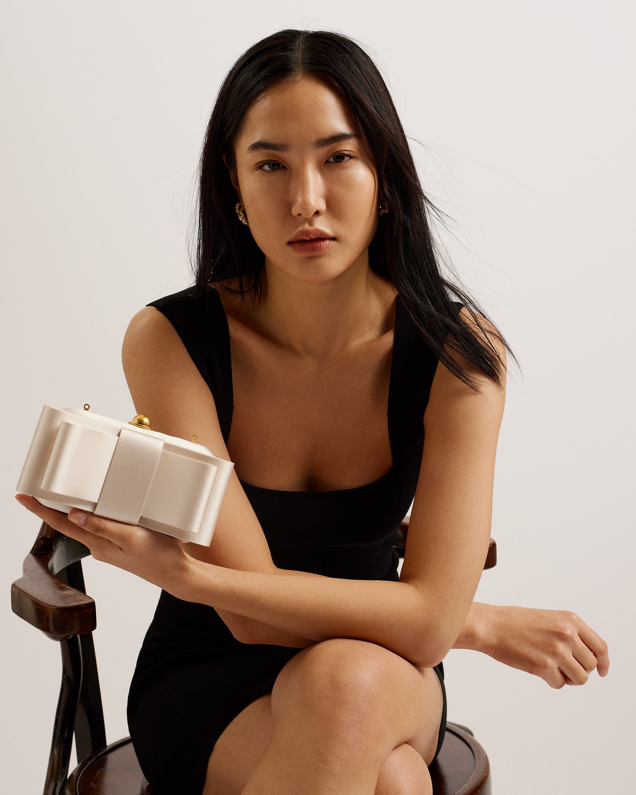 Bowelaa Satin Bow Clutch Bag Ivory