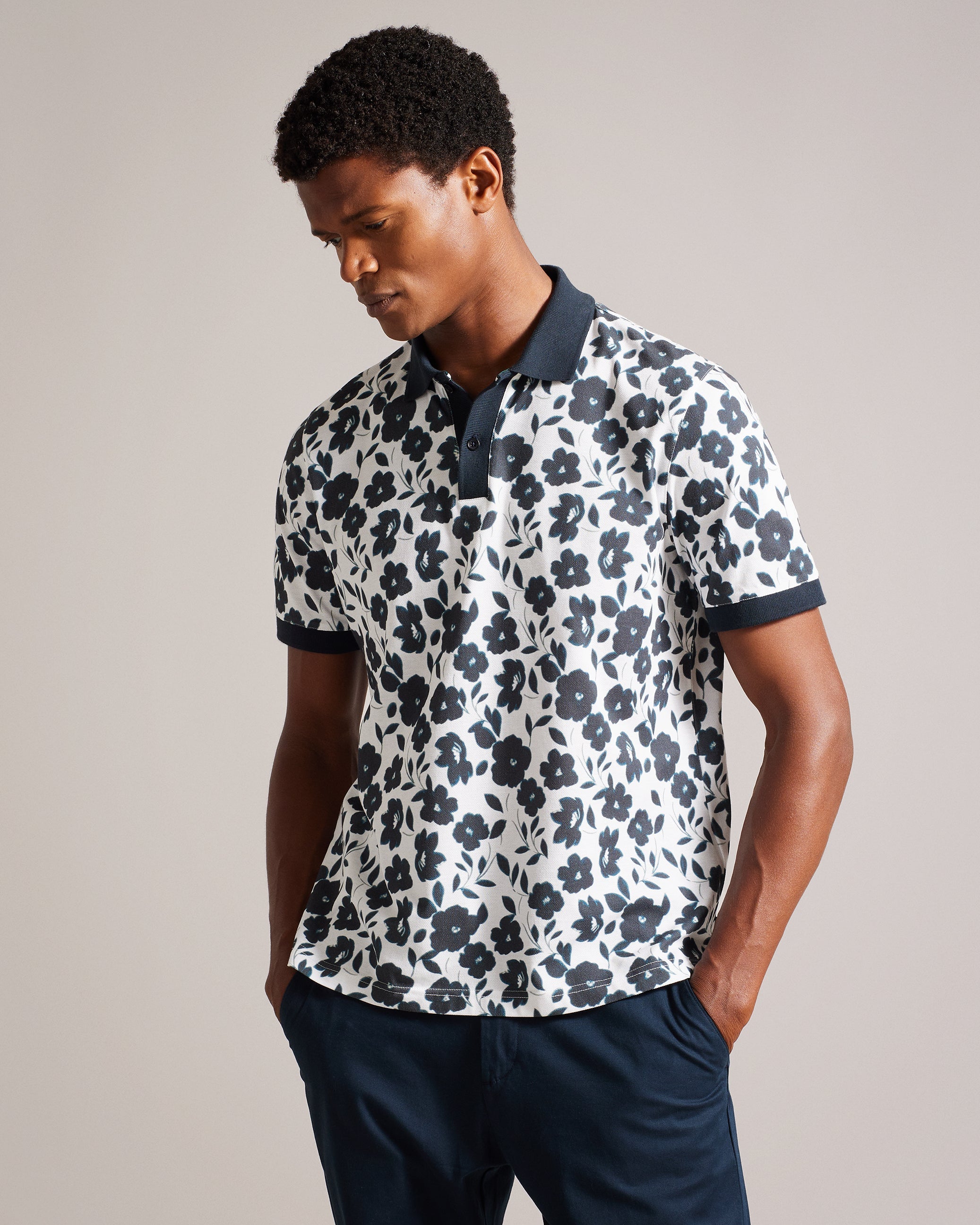 Baskst Short Sleeve Floral Polo Shirt Ecru