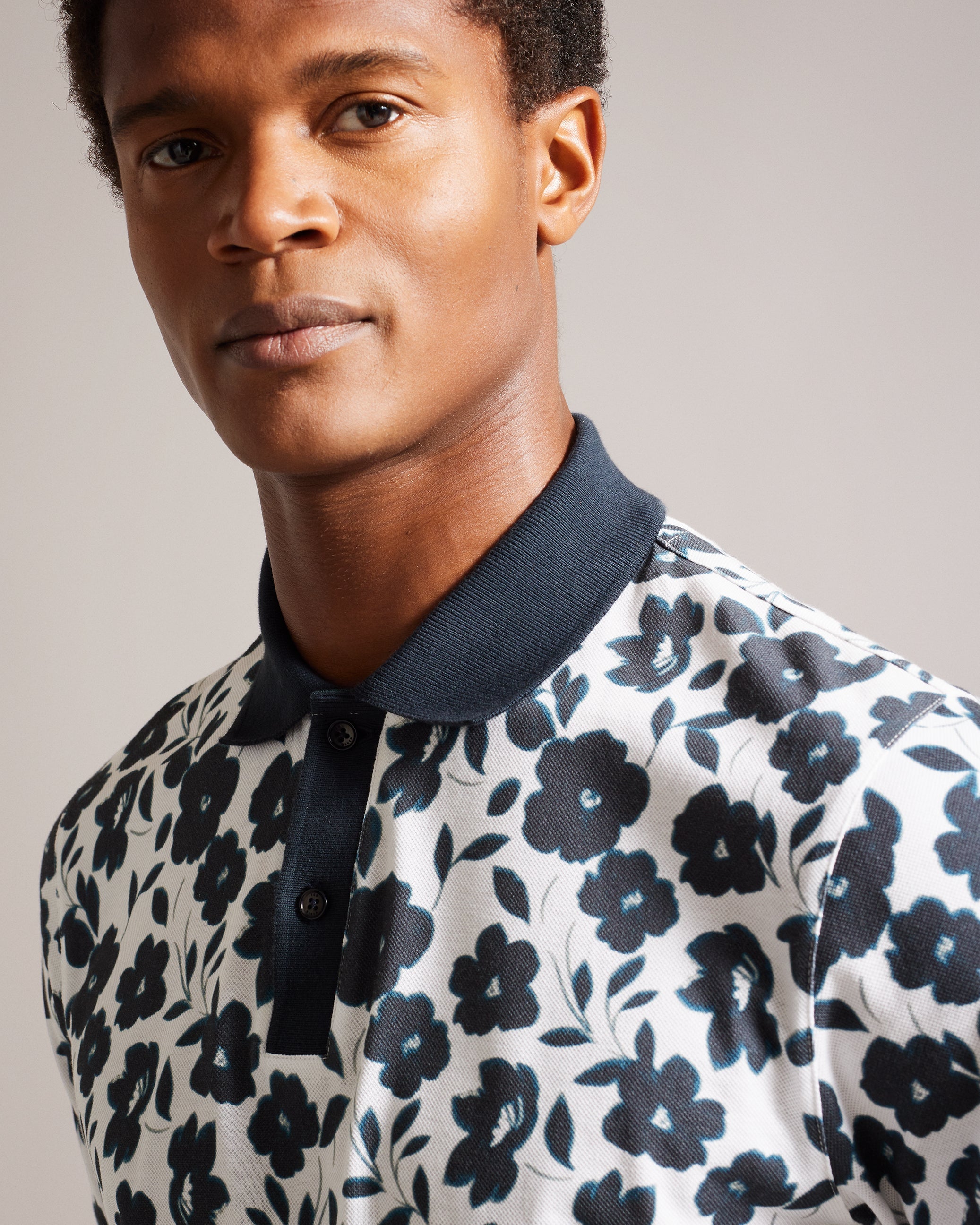 Baskst Short Sleeve Floral Polo Shirt Ecru