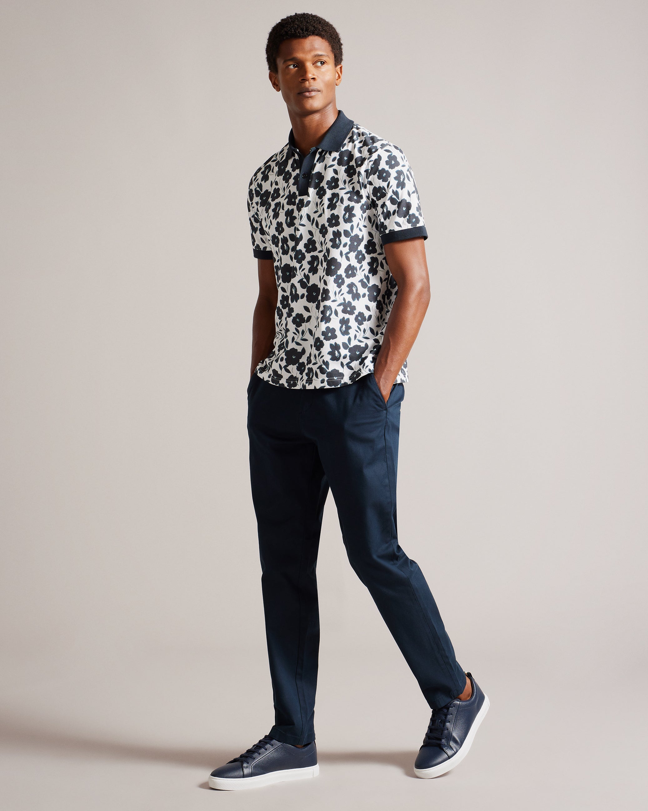 Baskst Short Sleeve Floral Polo Shirt Ecru