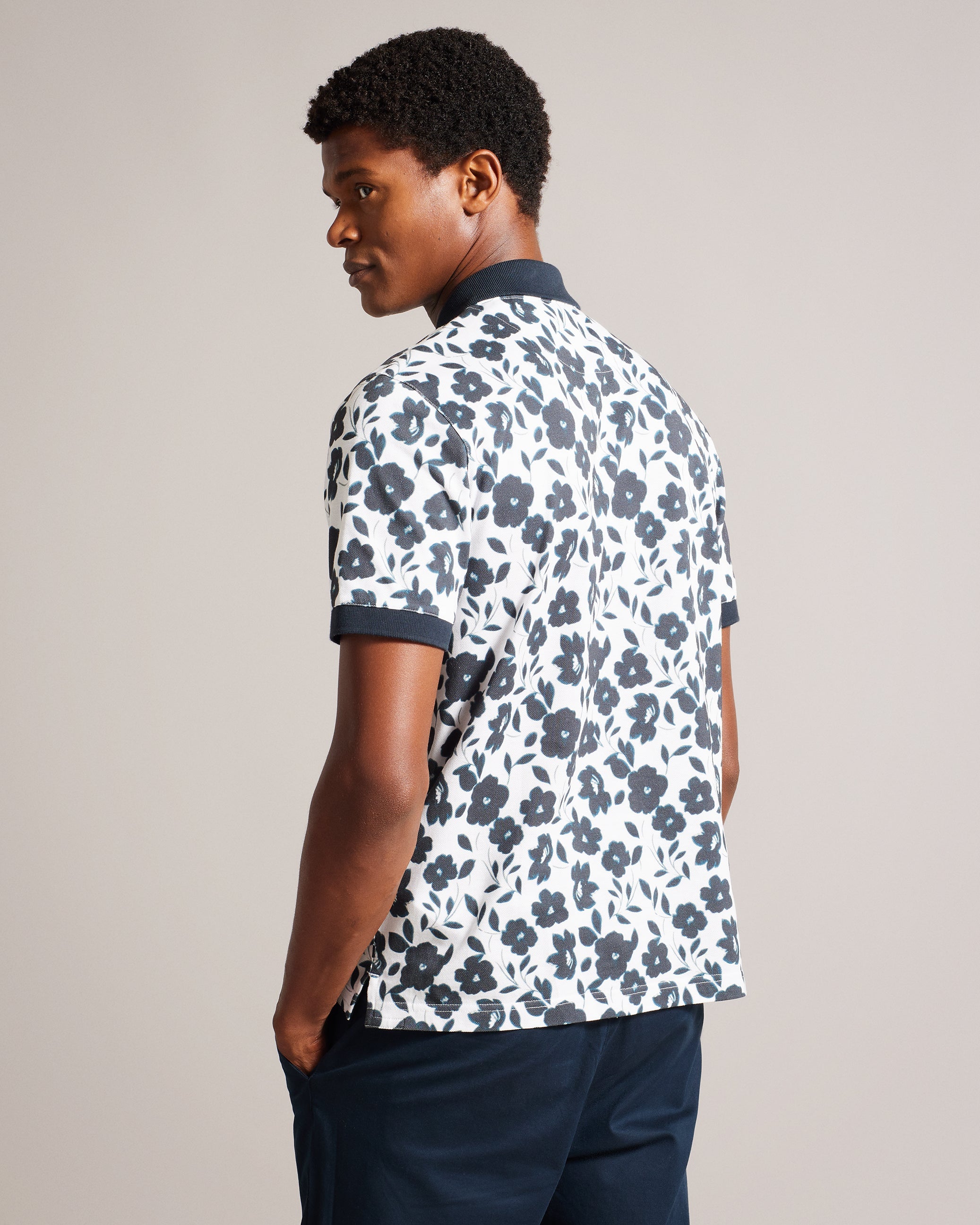 Baskst Short Sleeve Floral Polo Shirt Ecru
