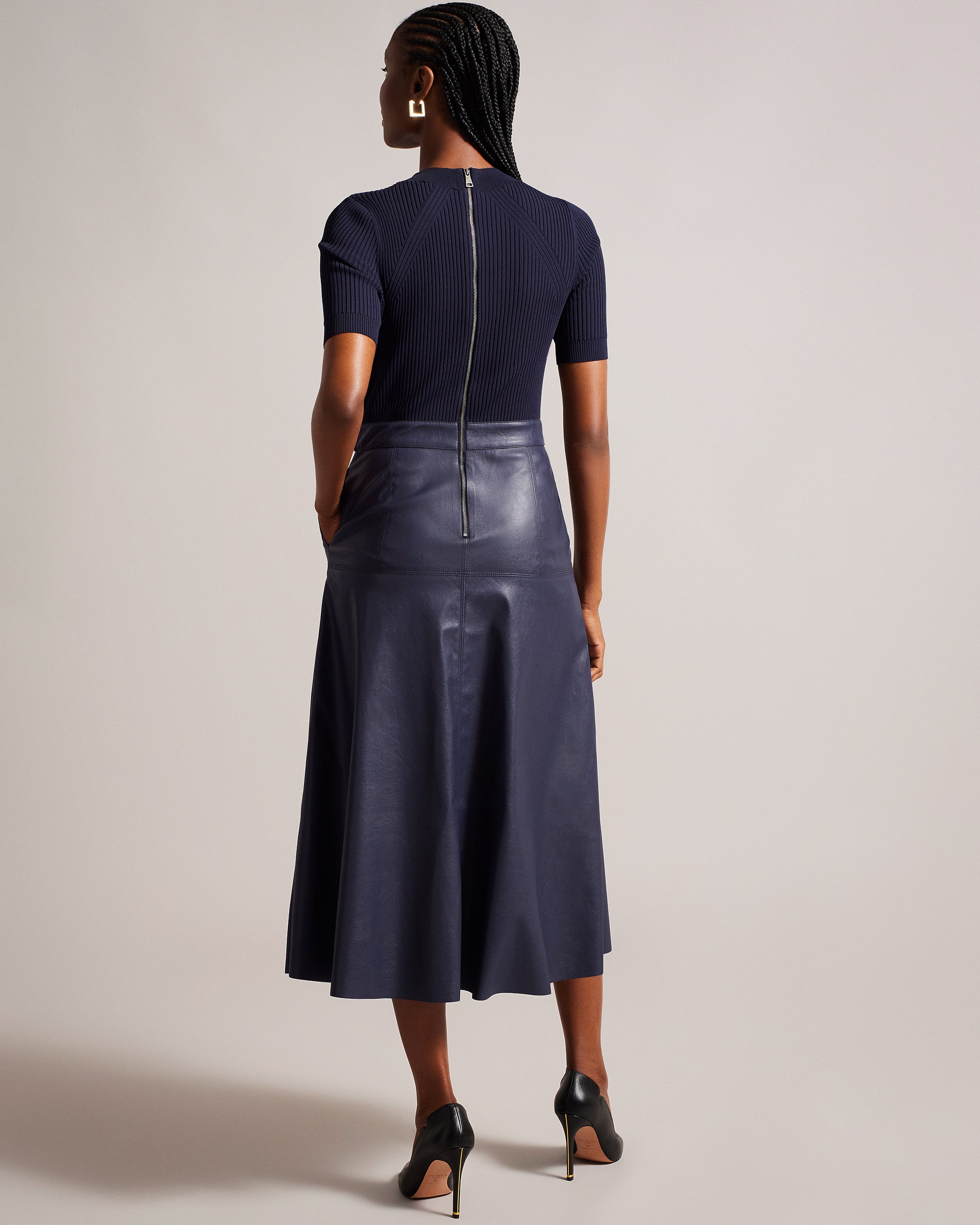 Shop Matiar Knit And Faux Leather Midi Dress Dk-Blue for Women Online