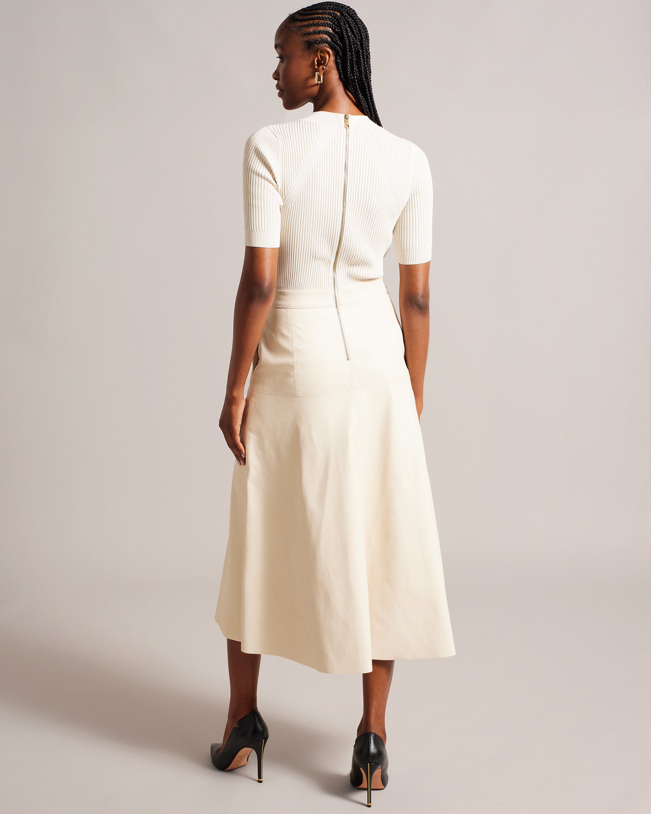 Matiar Knit And Faux Leather Midi Dress Ivory