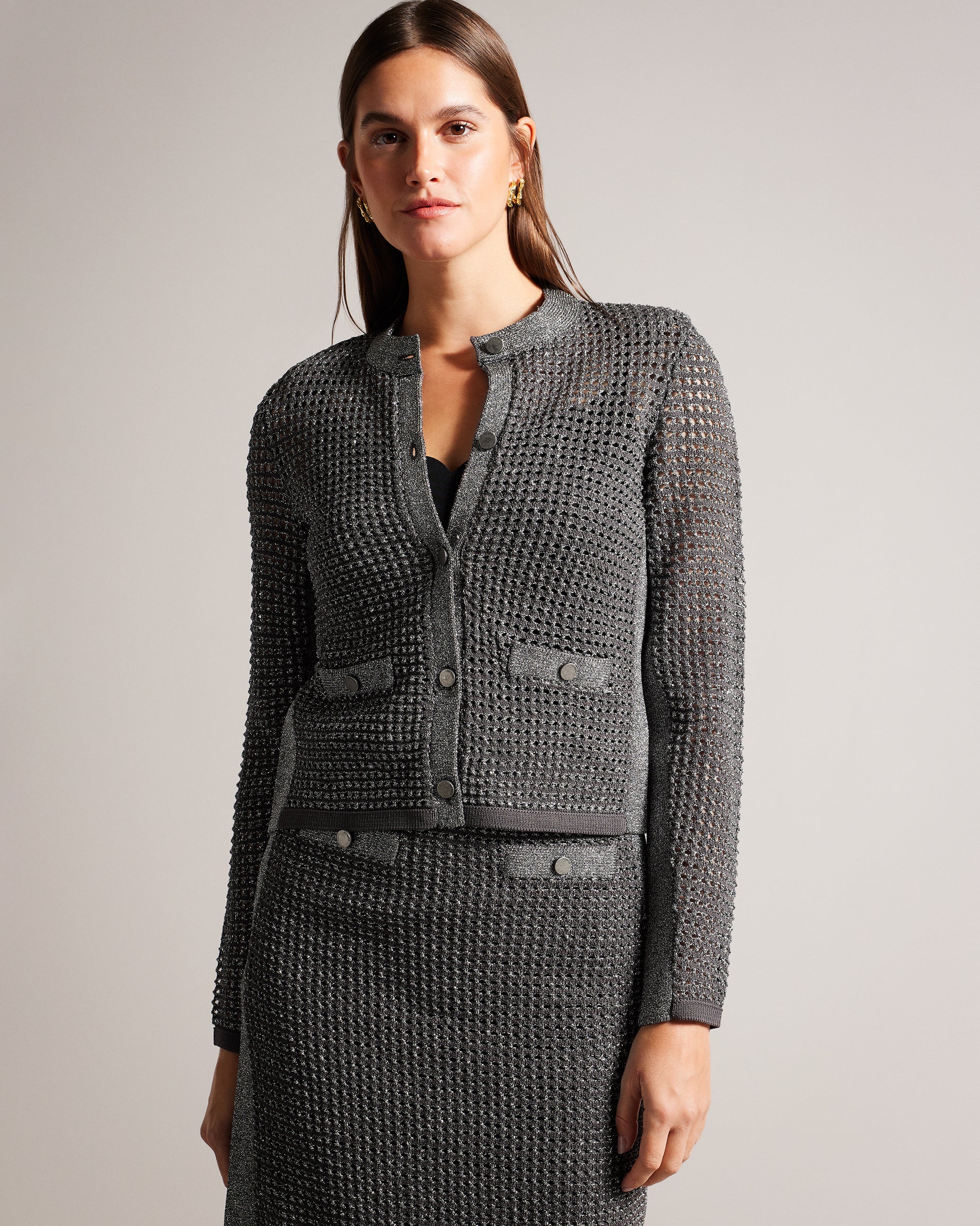 Sallyan Stitch Detail Knitted Jacket Gunmetal