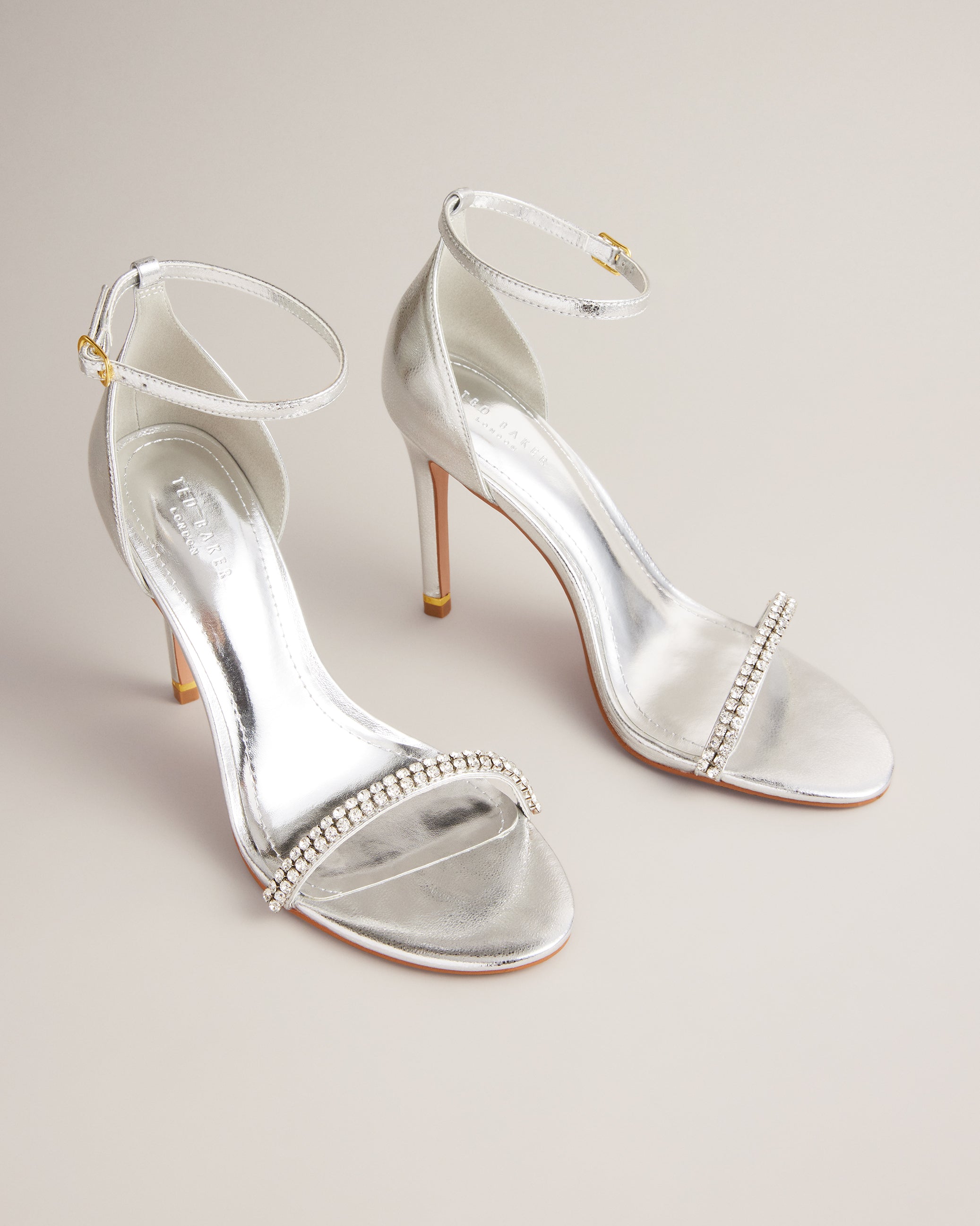 Helenni Satin Crystal Heeled Sandal Shoes Silver