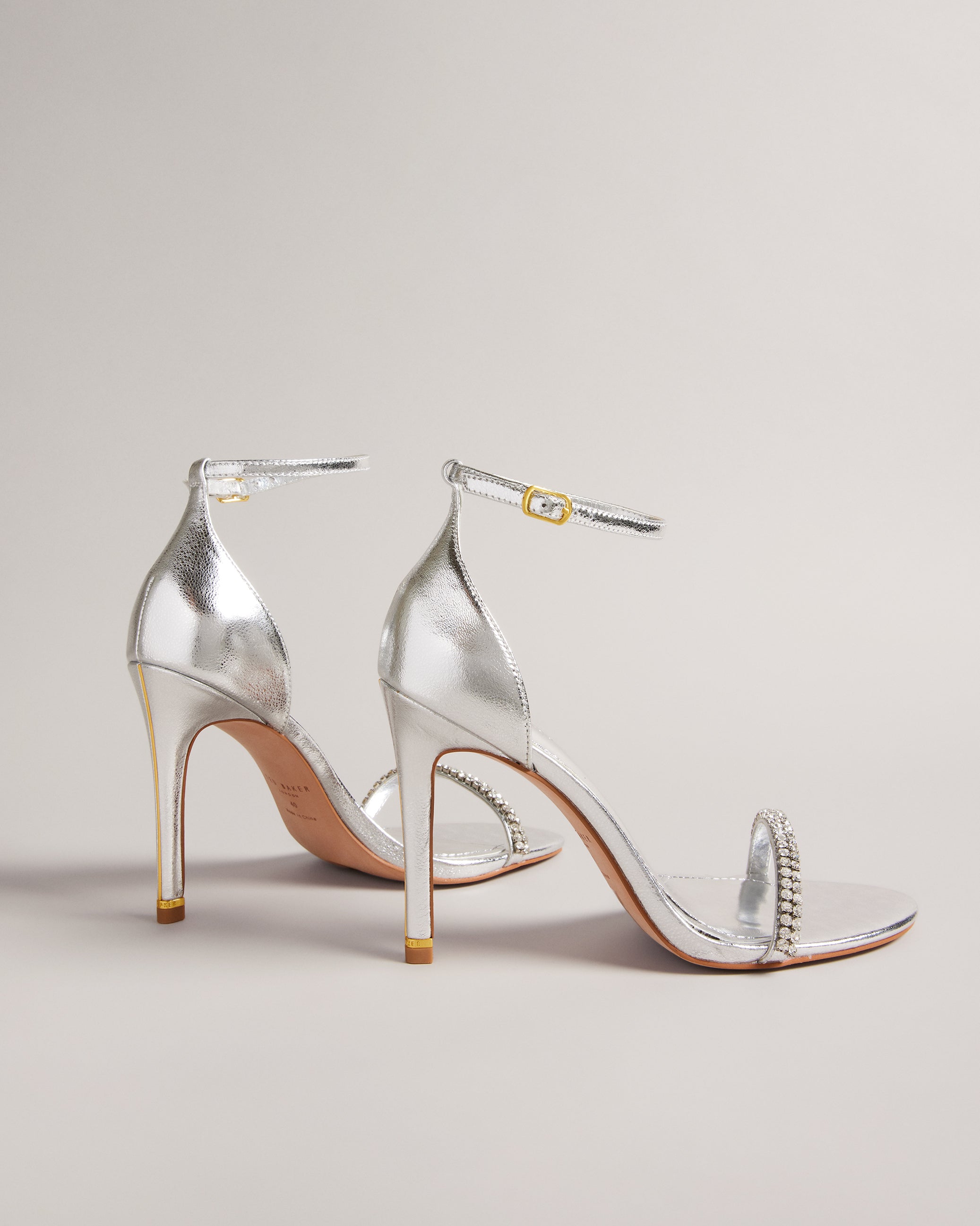 Helenni Satin Crystal Heeled Sandal Shoes Silver