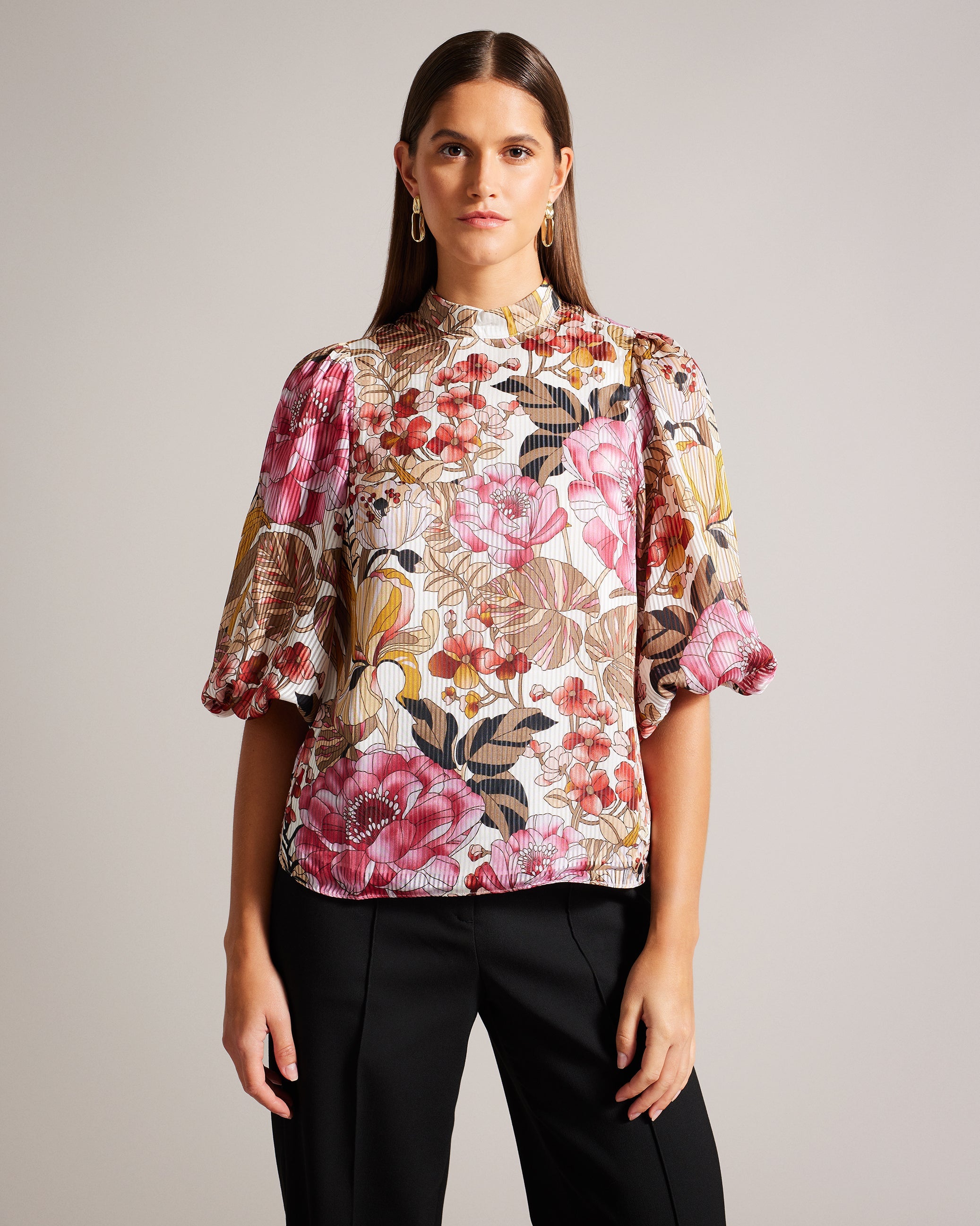 Jaylaah High Neck Balloon Sleeve Blouse Dk-Red