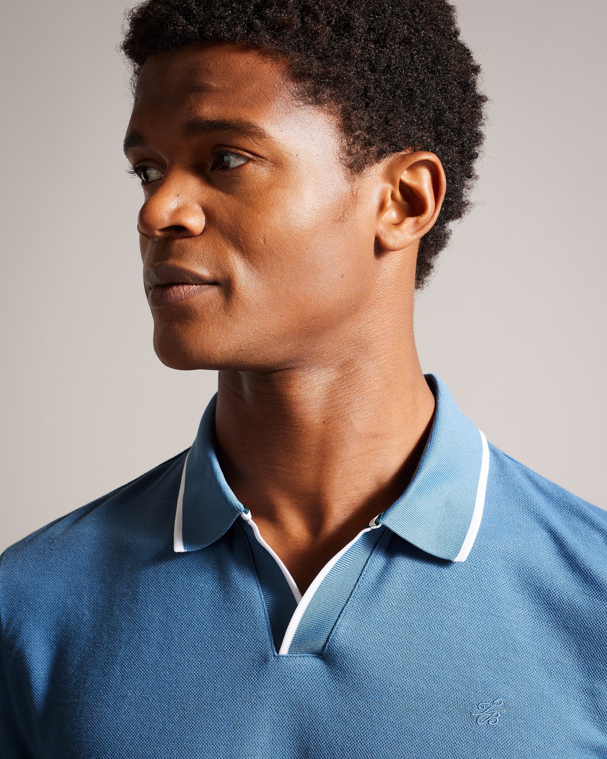 Maste Long Sleeve Open Collar Polo Shirt Mid-Blue