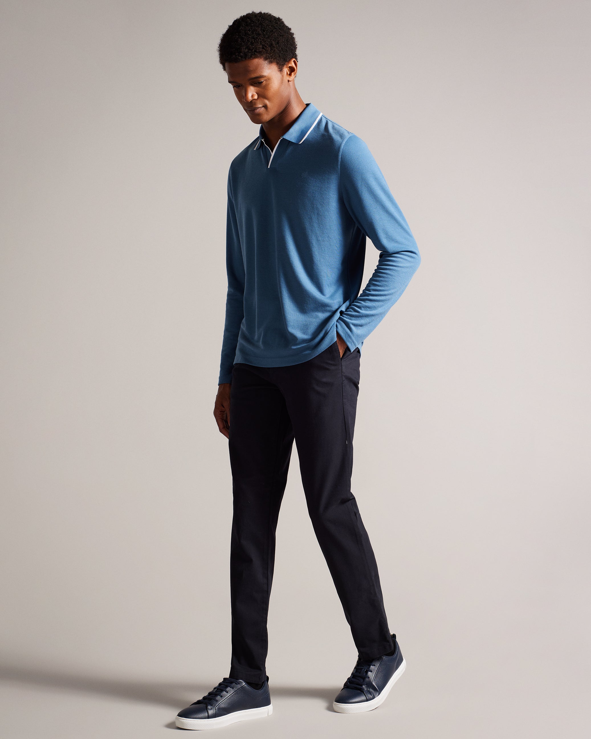 Maste Long Sleeve Open Collar Polo Shirt Mid-Blue