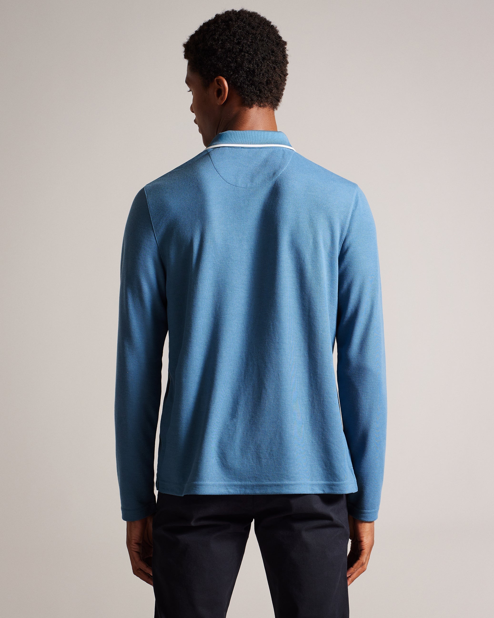 Maste Long Sleeve Open Collar Polo Shirt Mid-Blue