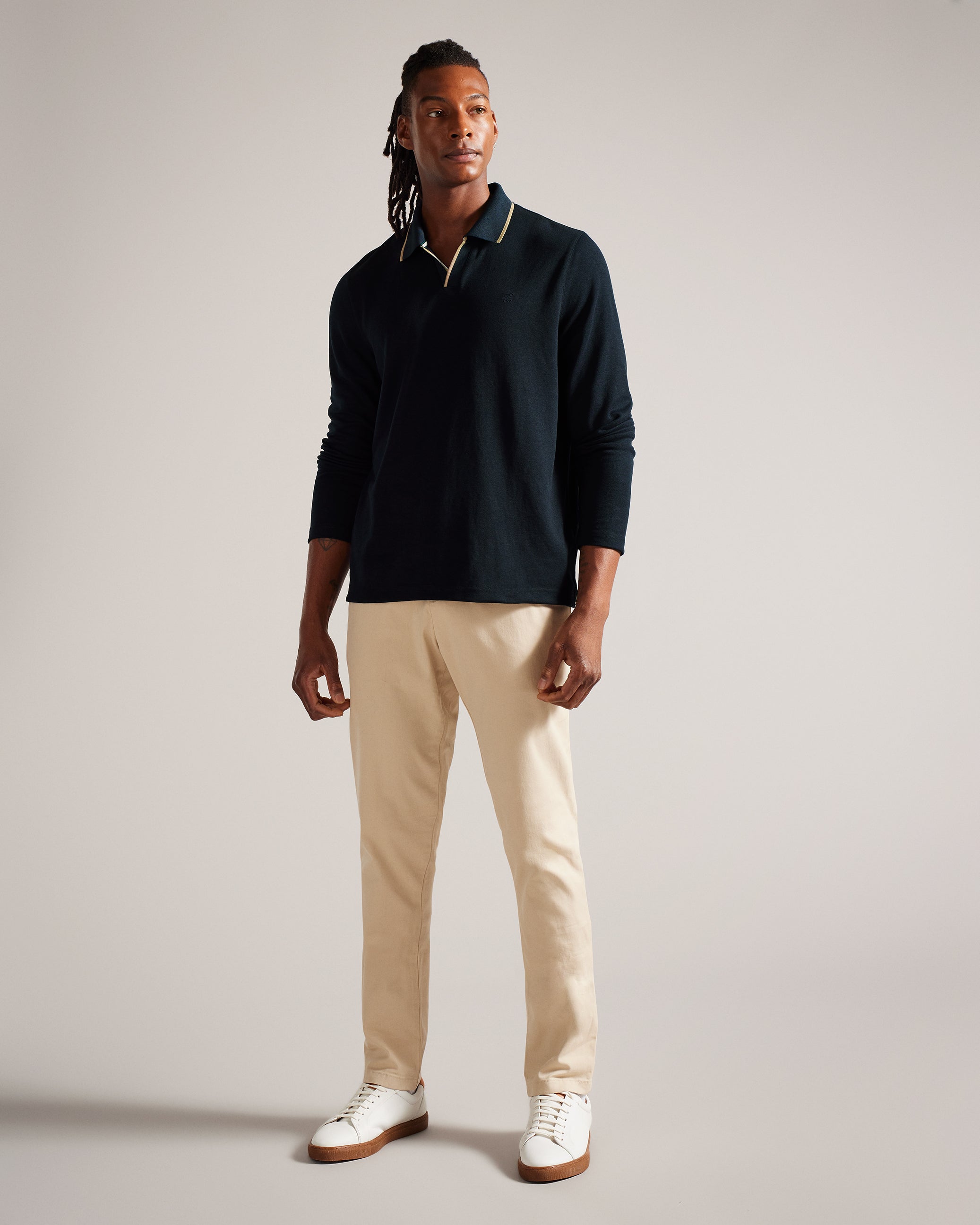 Maste Long Sleeve Open Collar Polo Shirt Navy