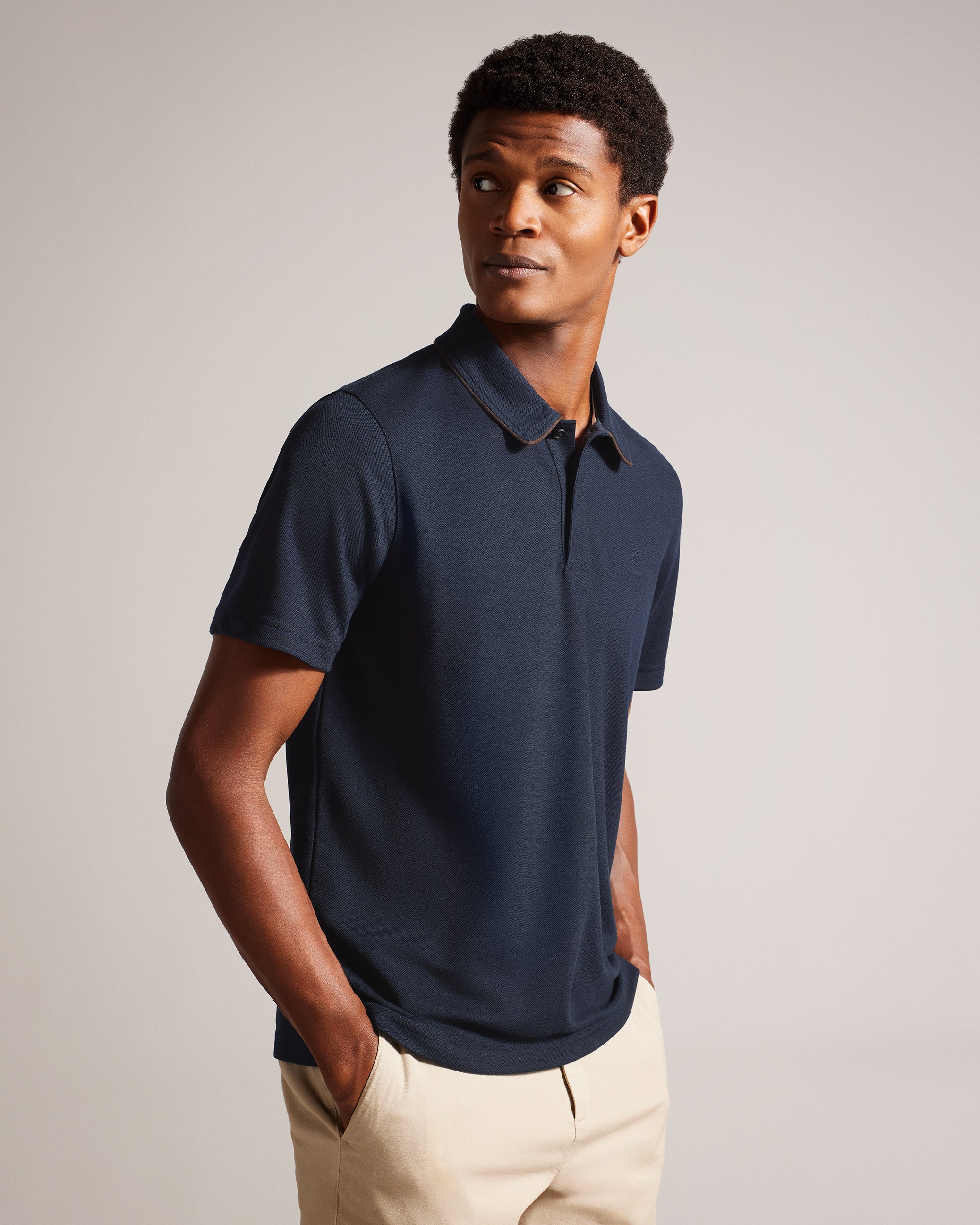 Aroue Short Sleeve Polo Shirt With Suedette Trim Navy
