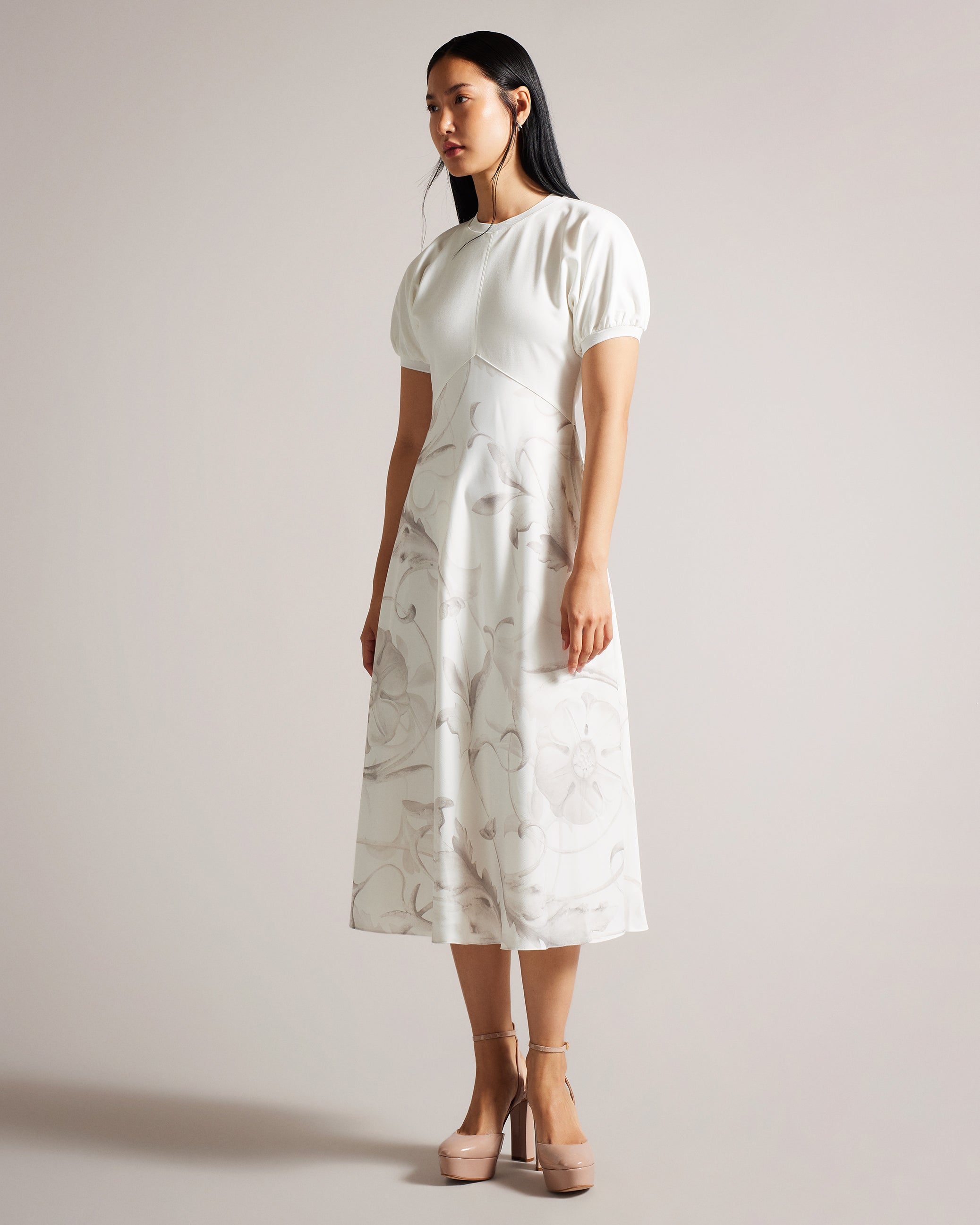 Magylee Ponte Bodice Dress With Satin Skirt Ivory