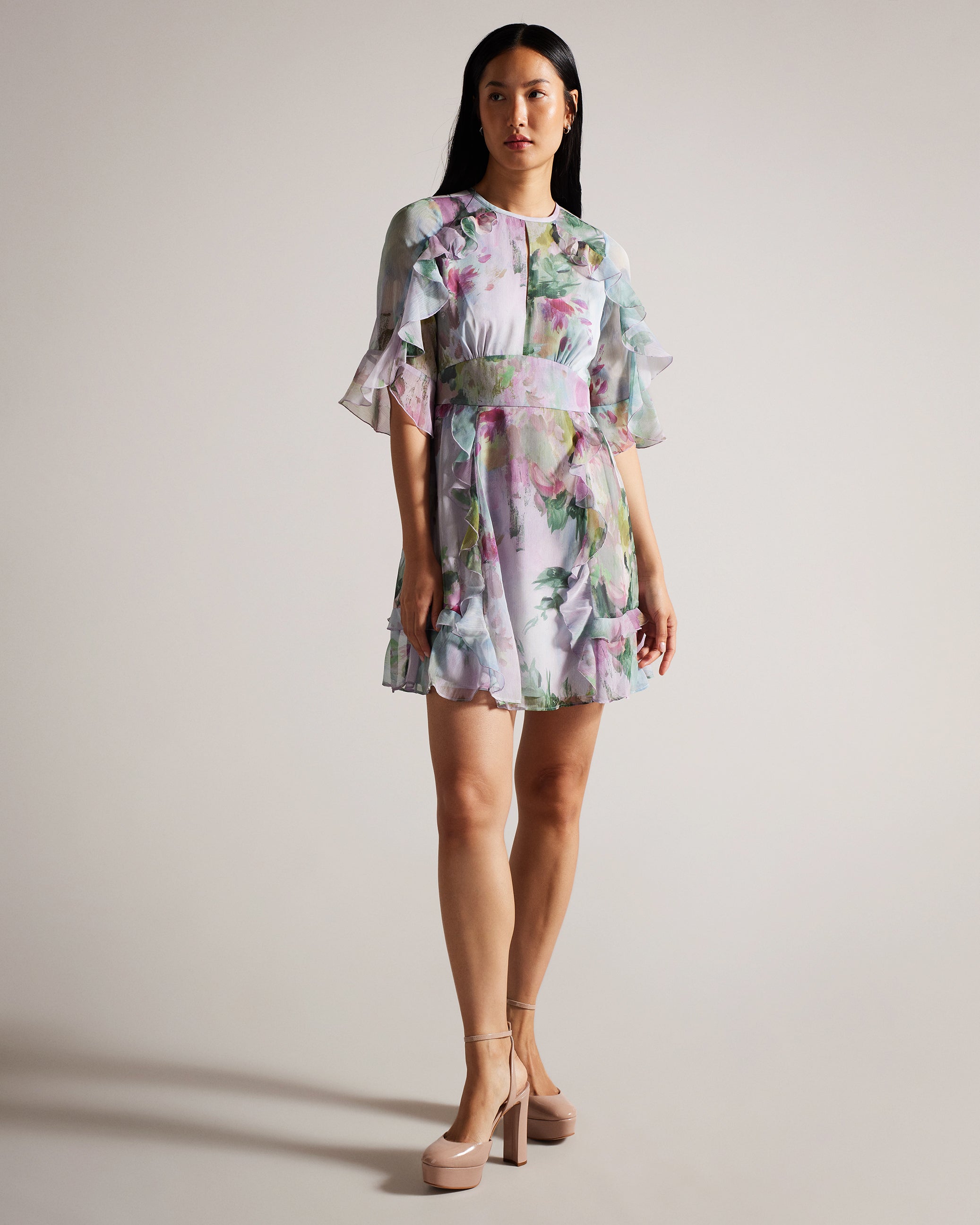 Maddiey Waterfall Ruffle Mini Dress Grey