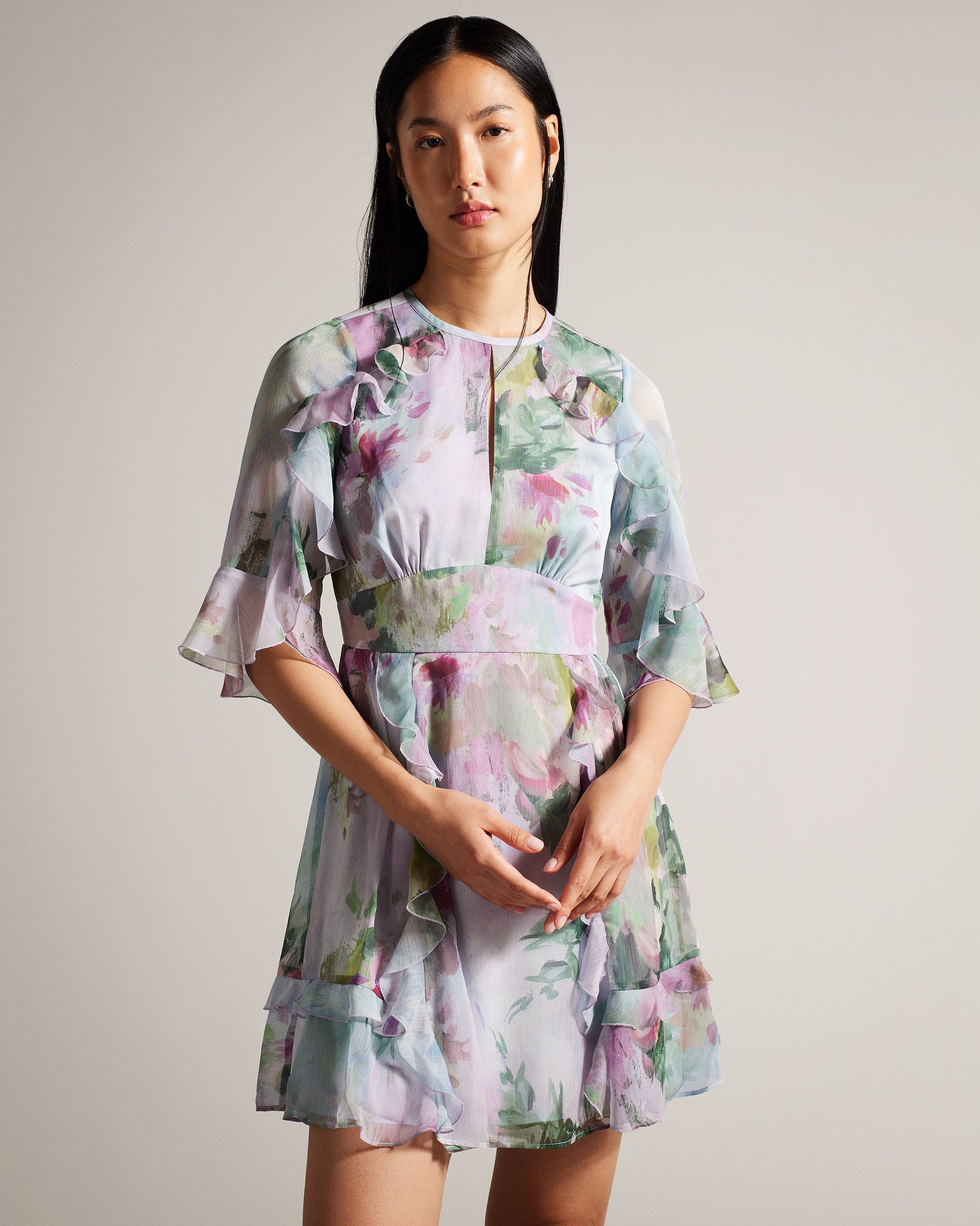 Maddiey Waterfall Ruffle Mini Dress Grey