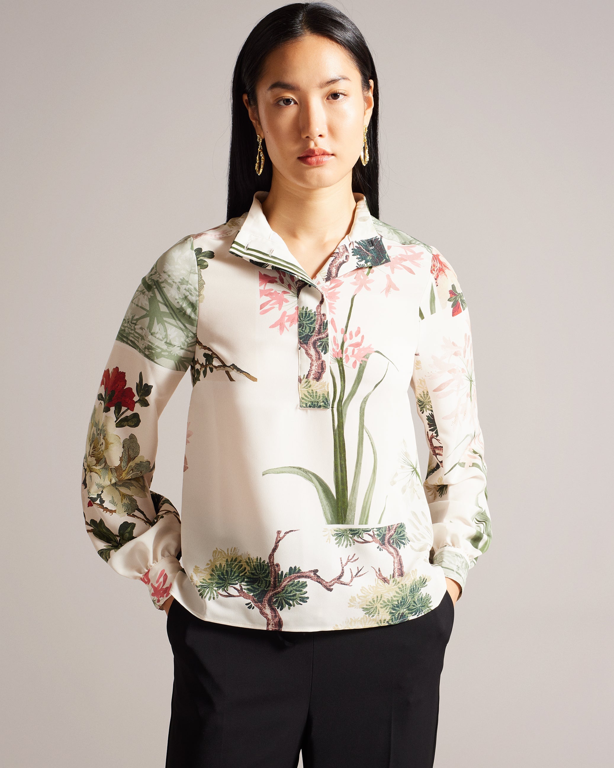 Jaynia Stand Collar Shirt With Half Placket Ivory