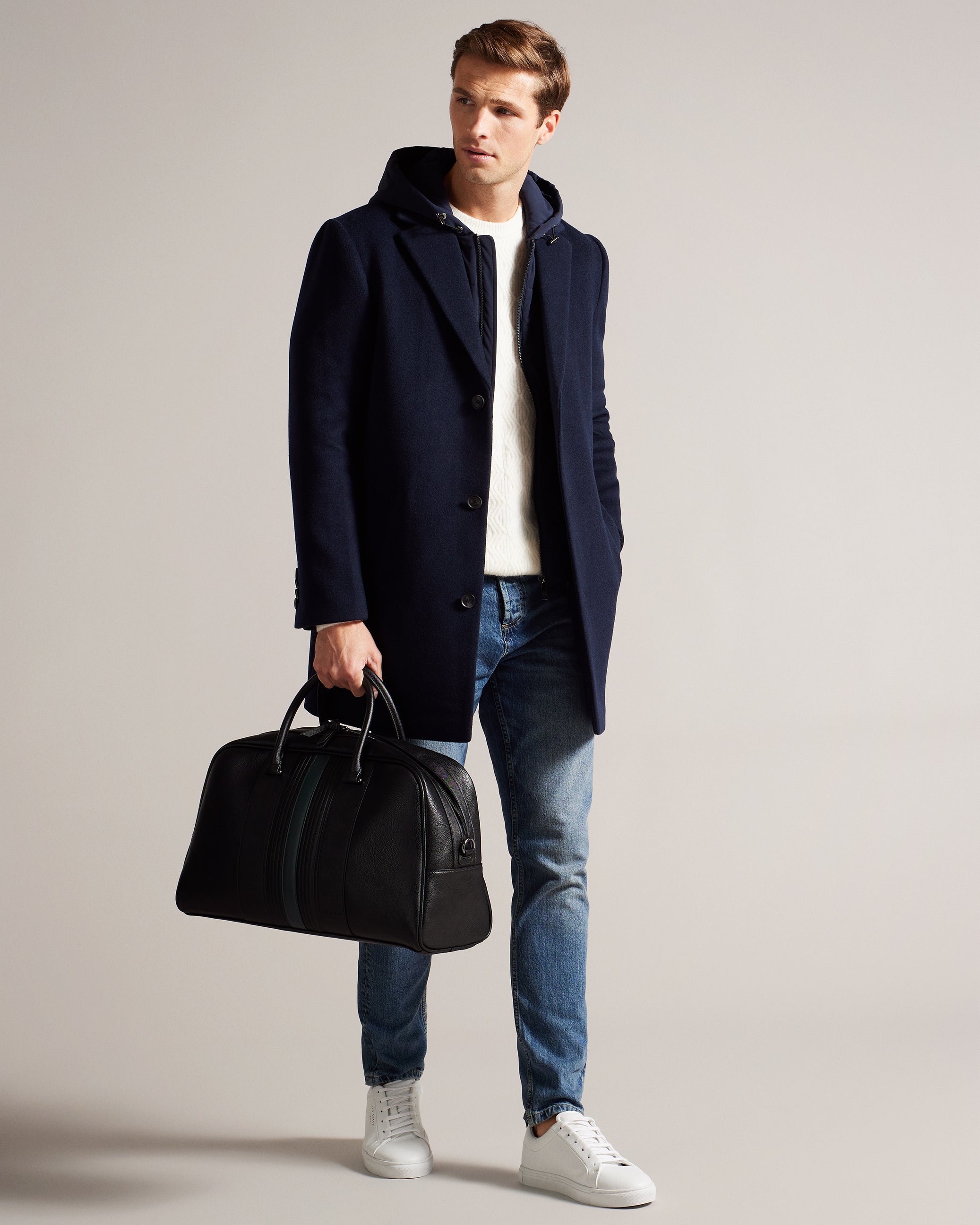 Evian Striped Faux Leather Bowler Bag Black