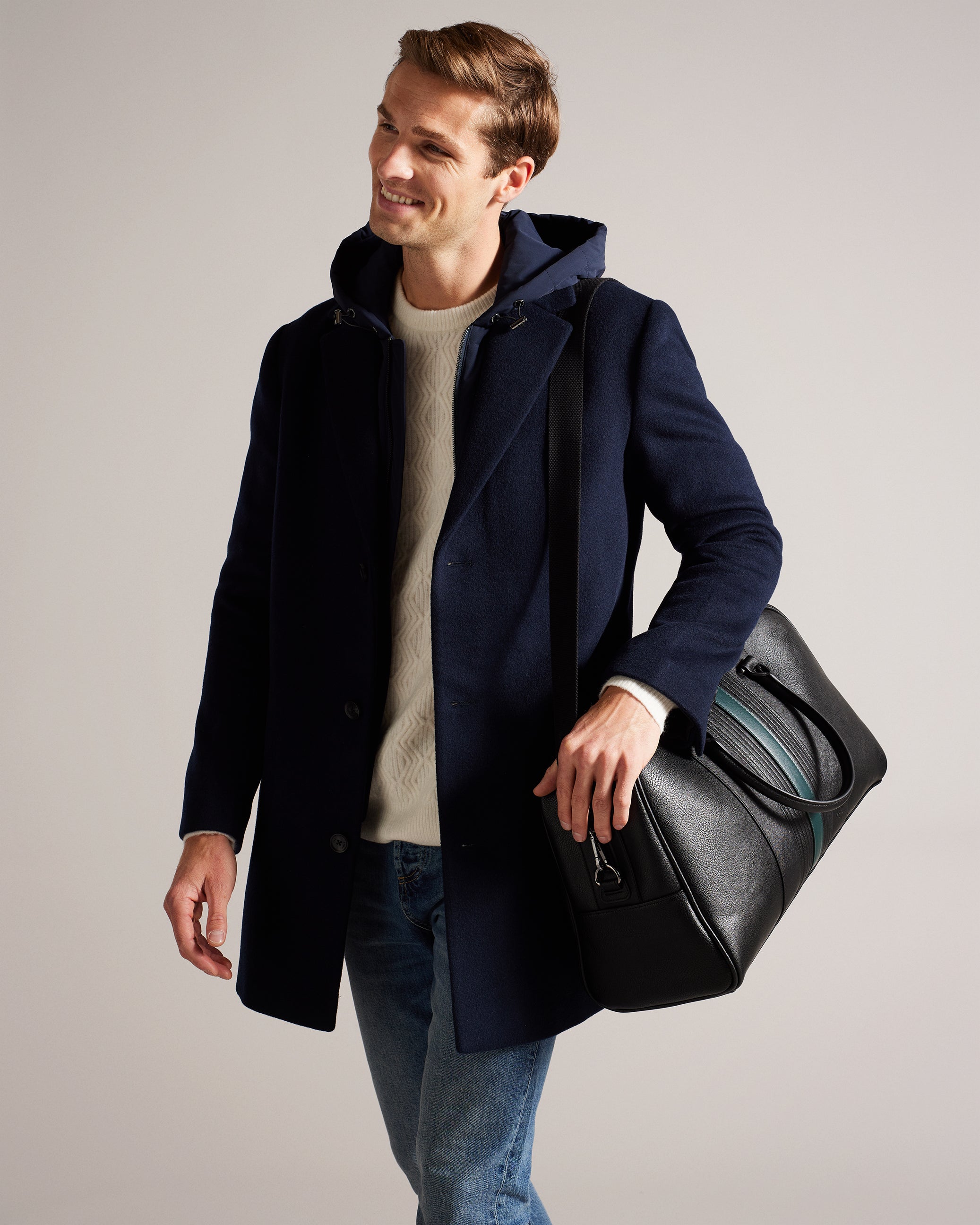 Evian Striped Faux Leather Bowler Bag Black