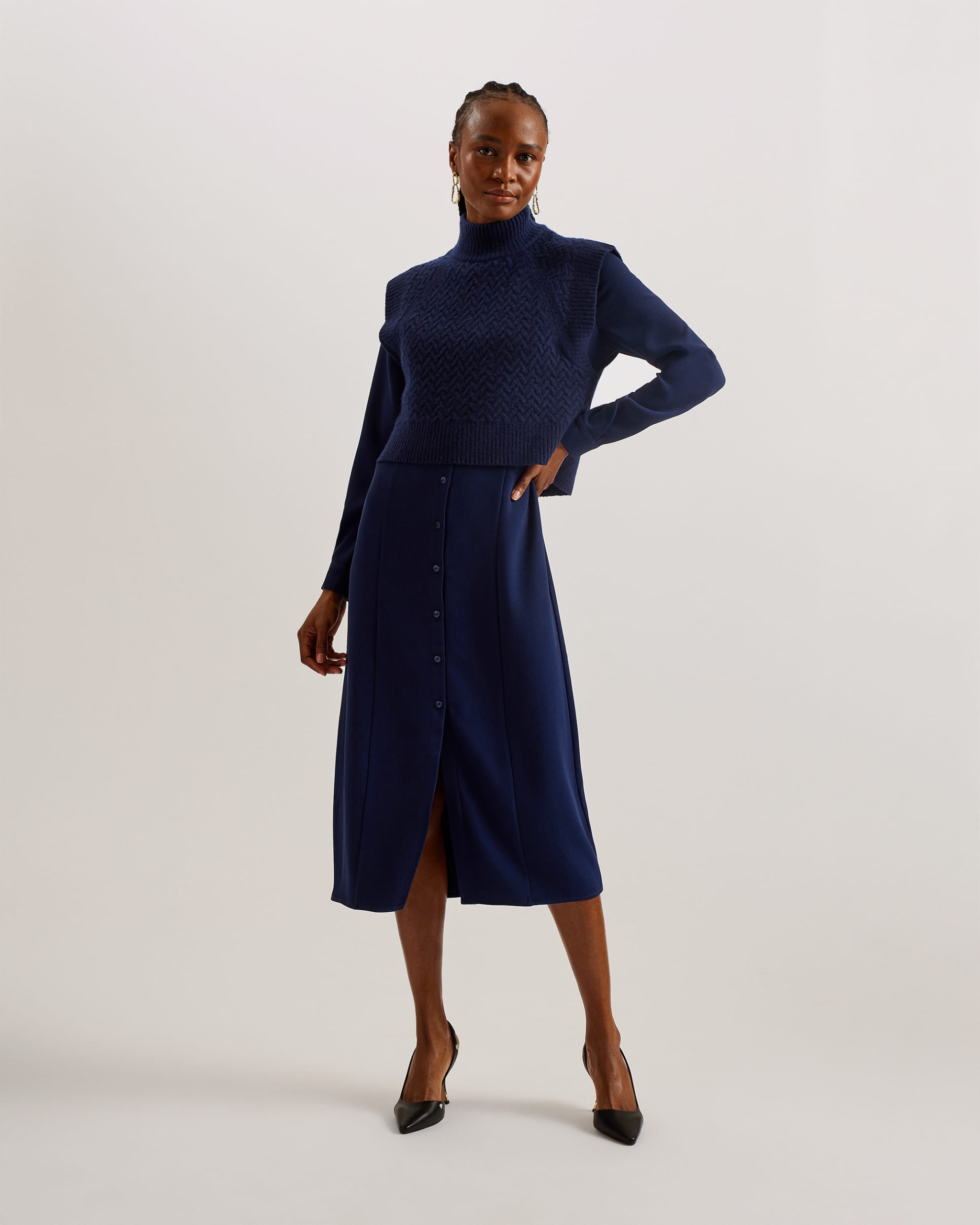 Elsiiey Shirt Dress With Sleeveless Knit Layer Navy