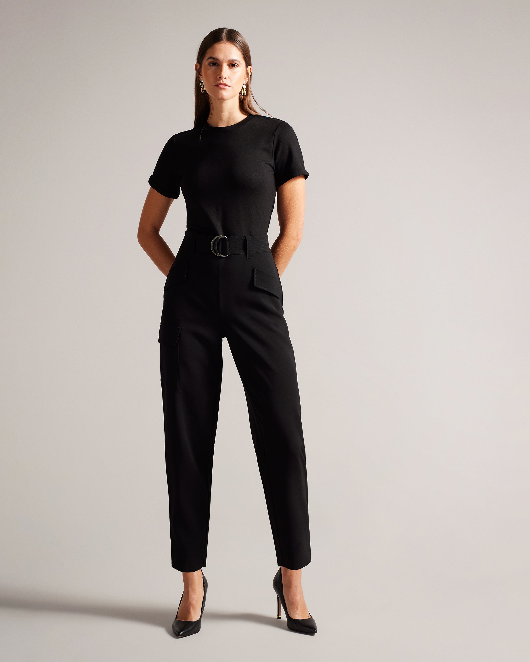 Graciej High Waisted Belted Tapered Cargo Pants Black