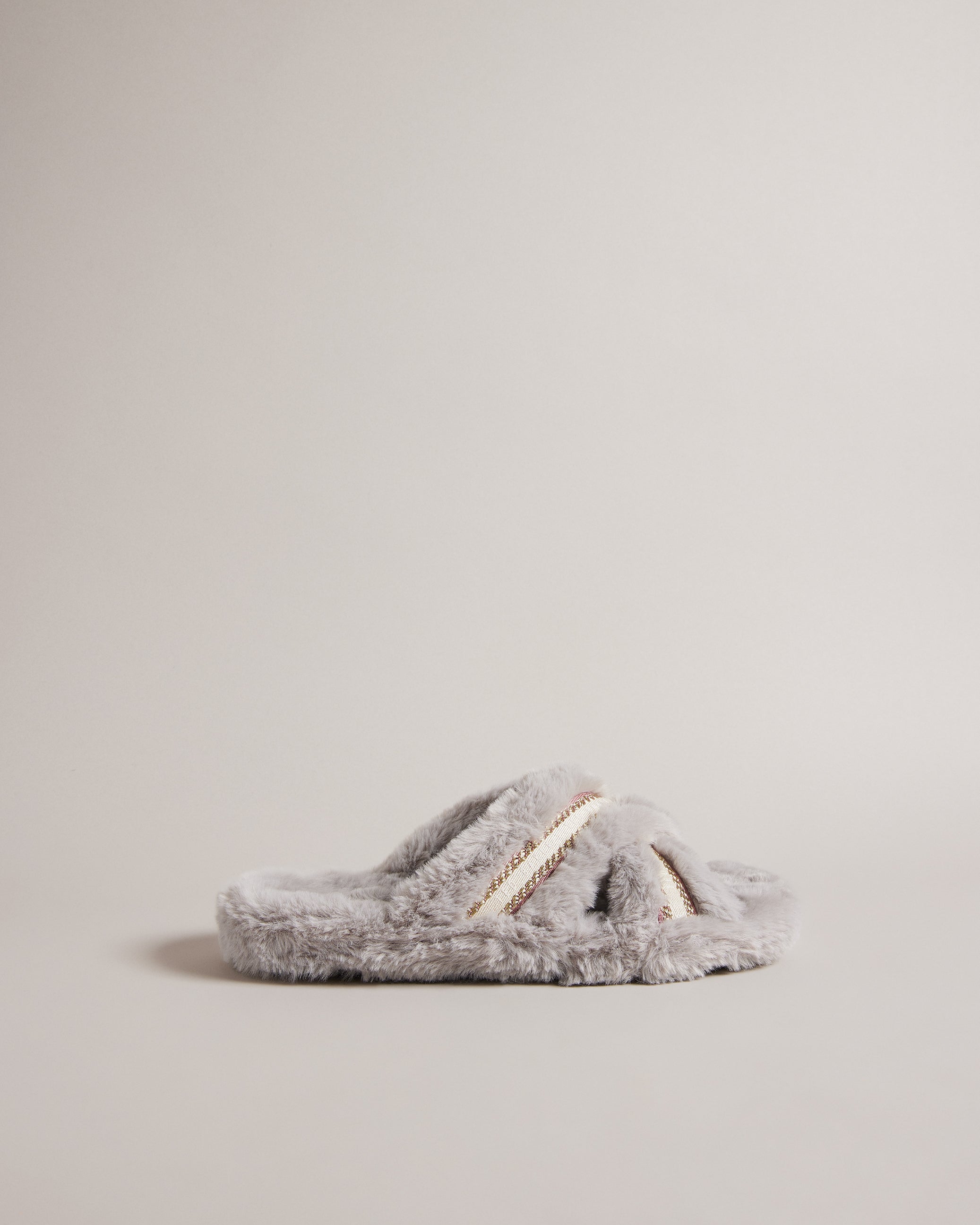 Topply Faux Fur Crossover Slippers Shoes Lt-Grey