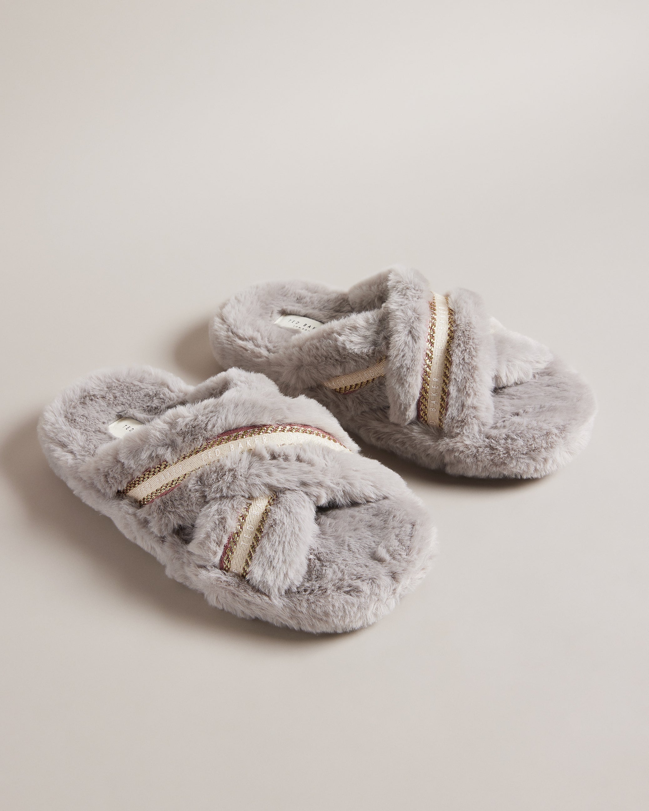 Topply Faux Fur Crossover Slippers Shoes Lt-Grey