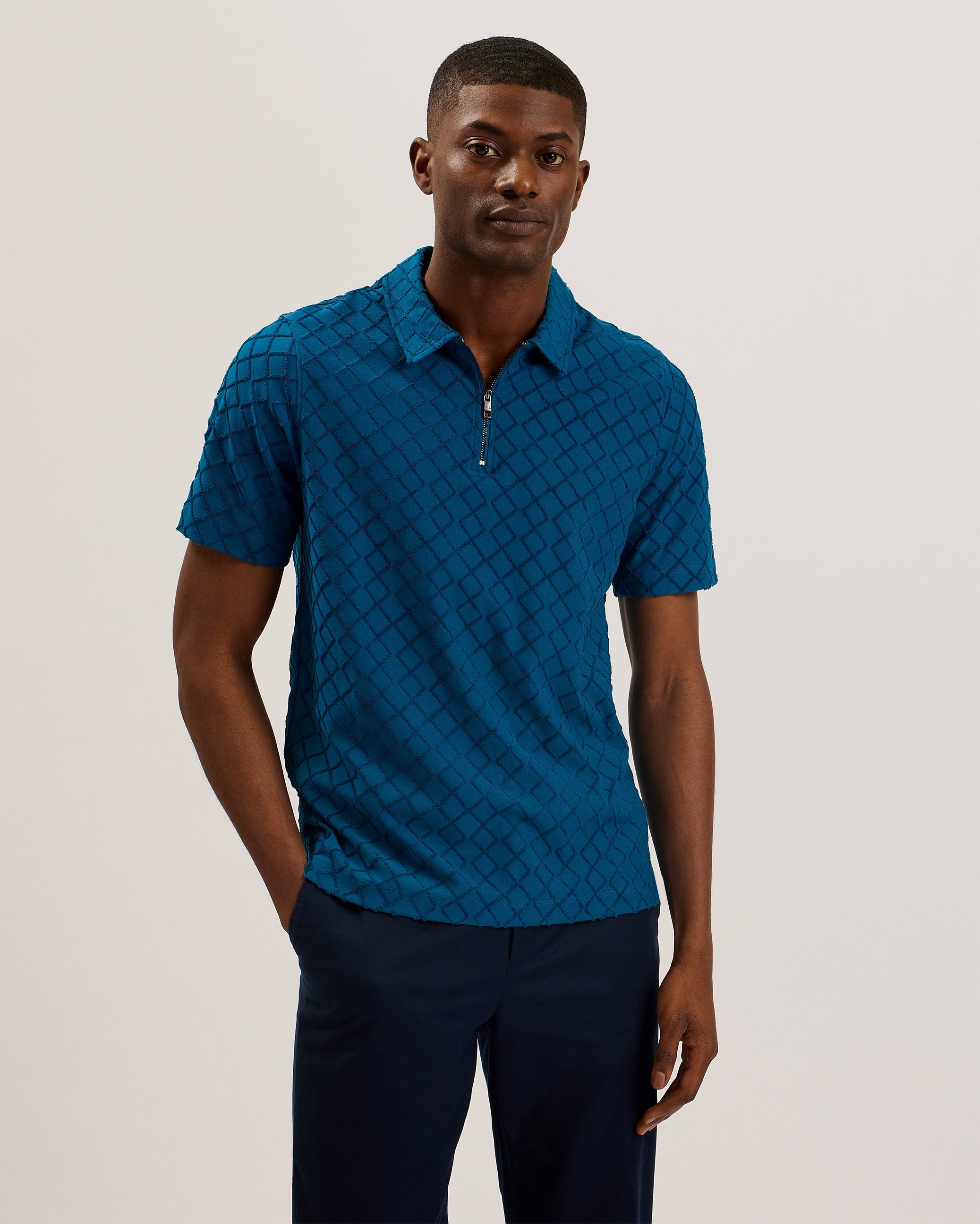 Ansom Zip-Neck Textured Towelling Cotton Polo Teal Blue