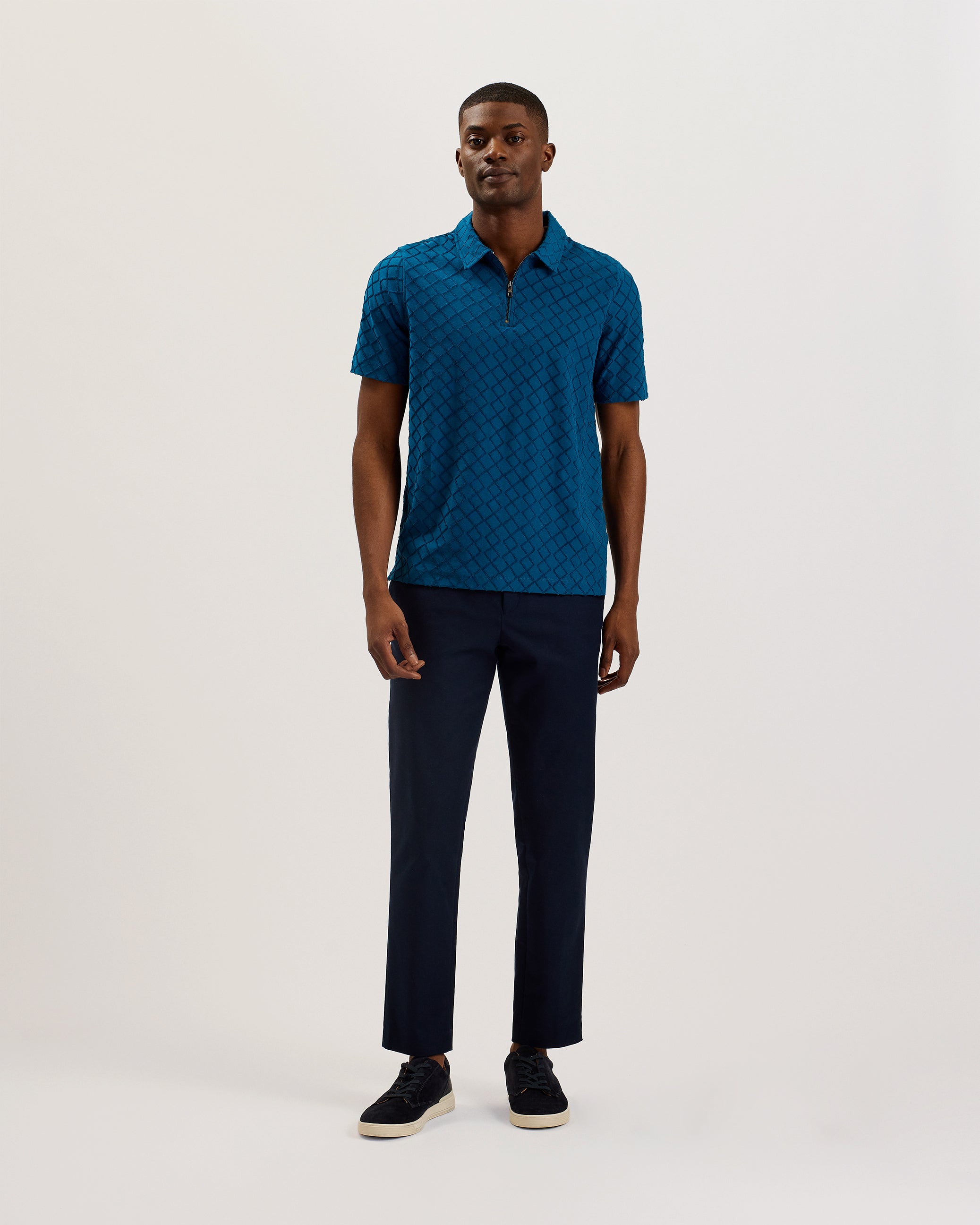 Ansom Zip-Neck Textured Towelling Cotton Polo Teal Blue