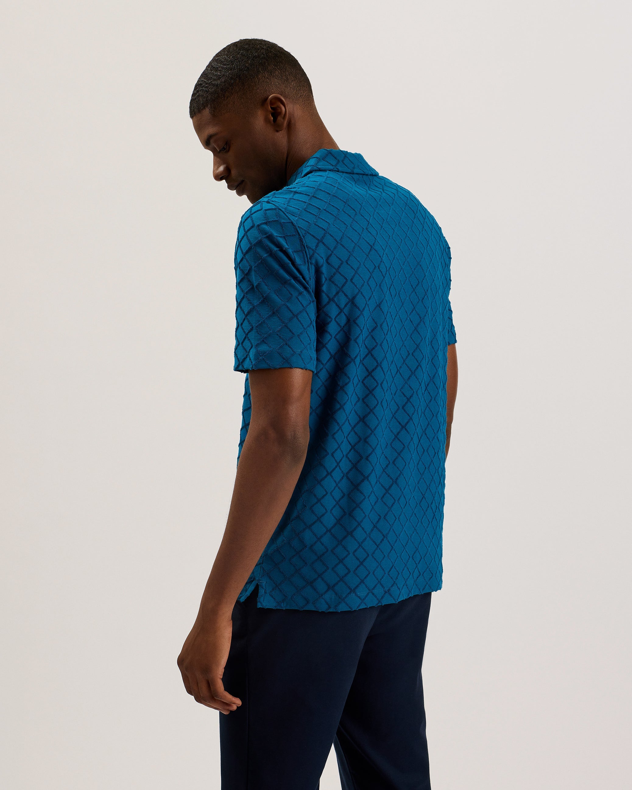 Ansom Zip-Neck Textured Towelling Cotton Polo Teal Blue